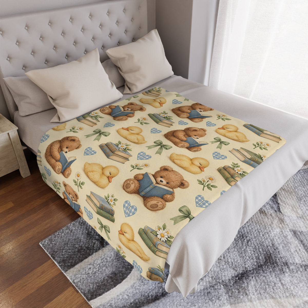 Cute Teddy Bear and Duckling Storytime Minky Blanket
