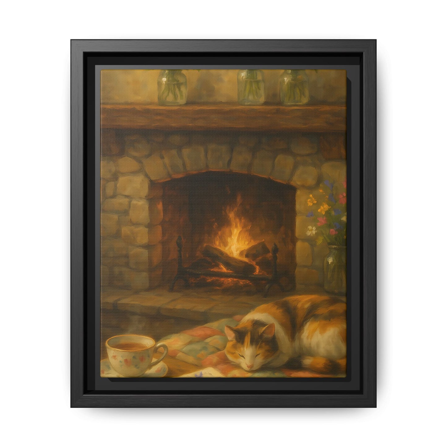 Hearthside Comfort – Framed Matte Canvas with Cat, Fireplace & Tea