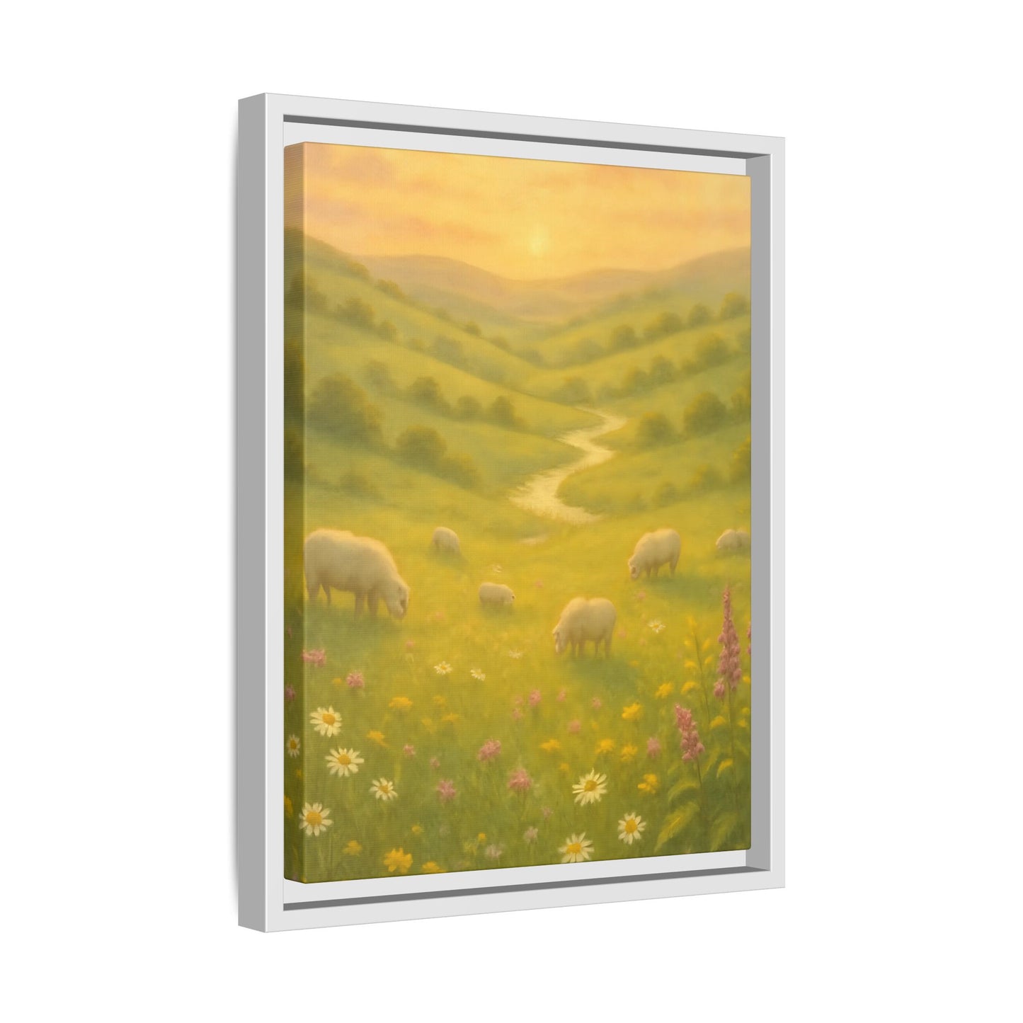 Golden Meadow Sunrise – Framed Matte Canvas Pastoral Landscape Art