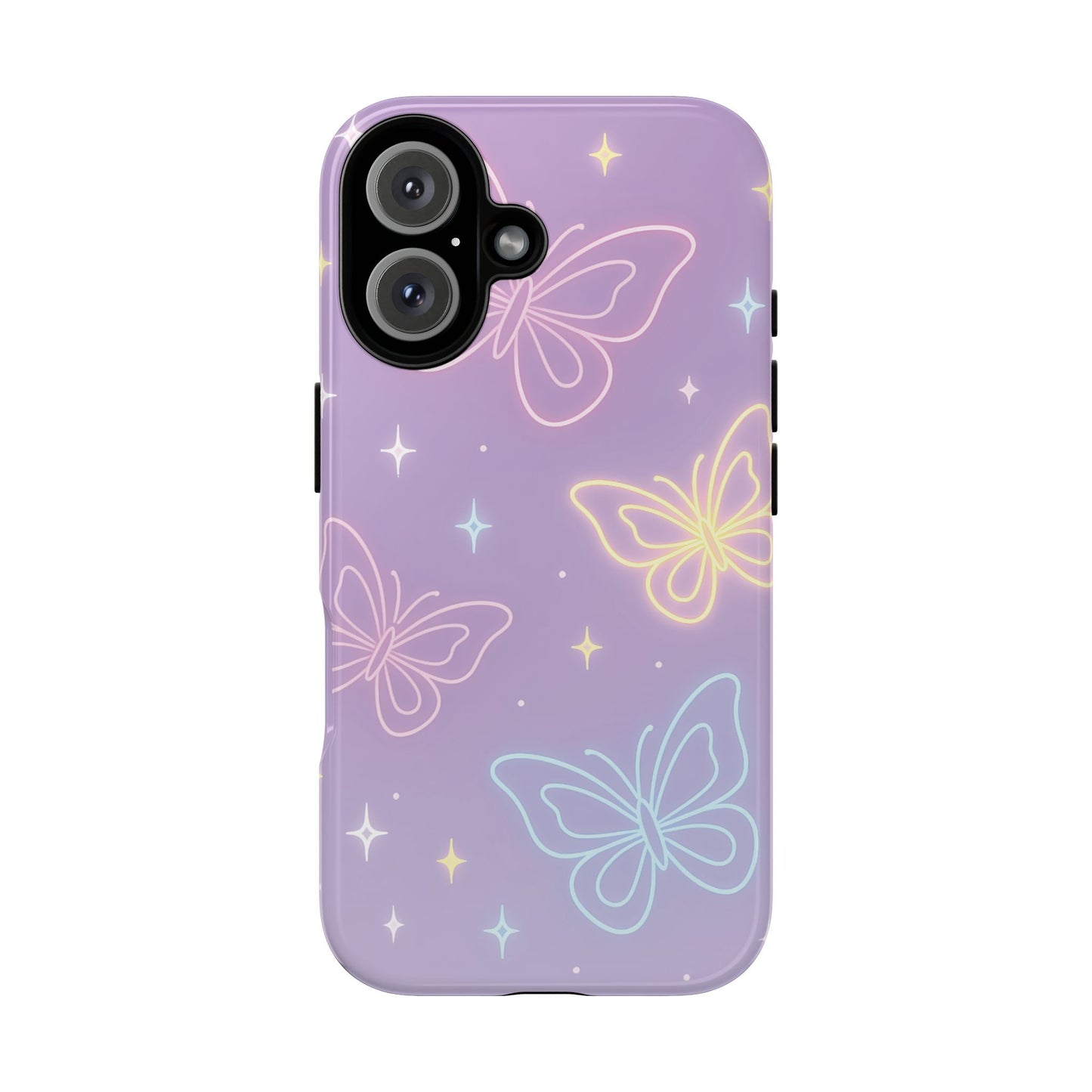 Pastel Butterfly Dream Phone Case – Purple Neon Glow with Stars