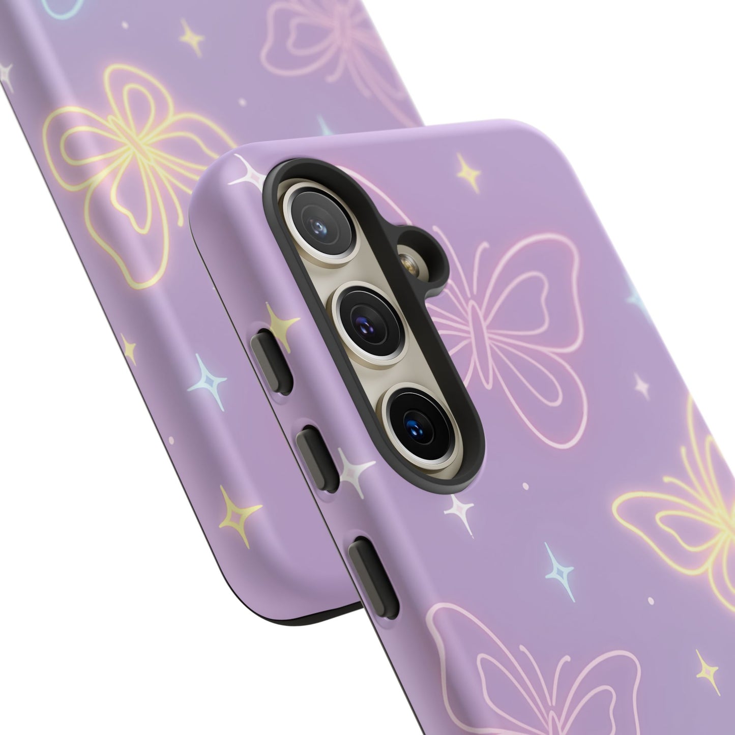 Pastel Butterfly Dream Phone Case – Purple Neon Glow with Stars