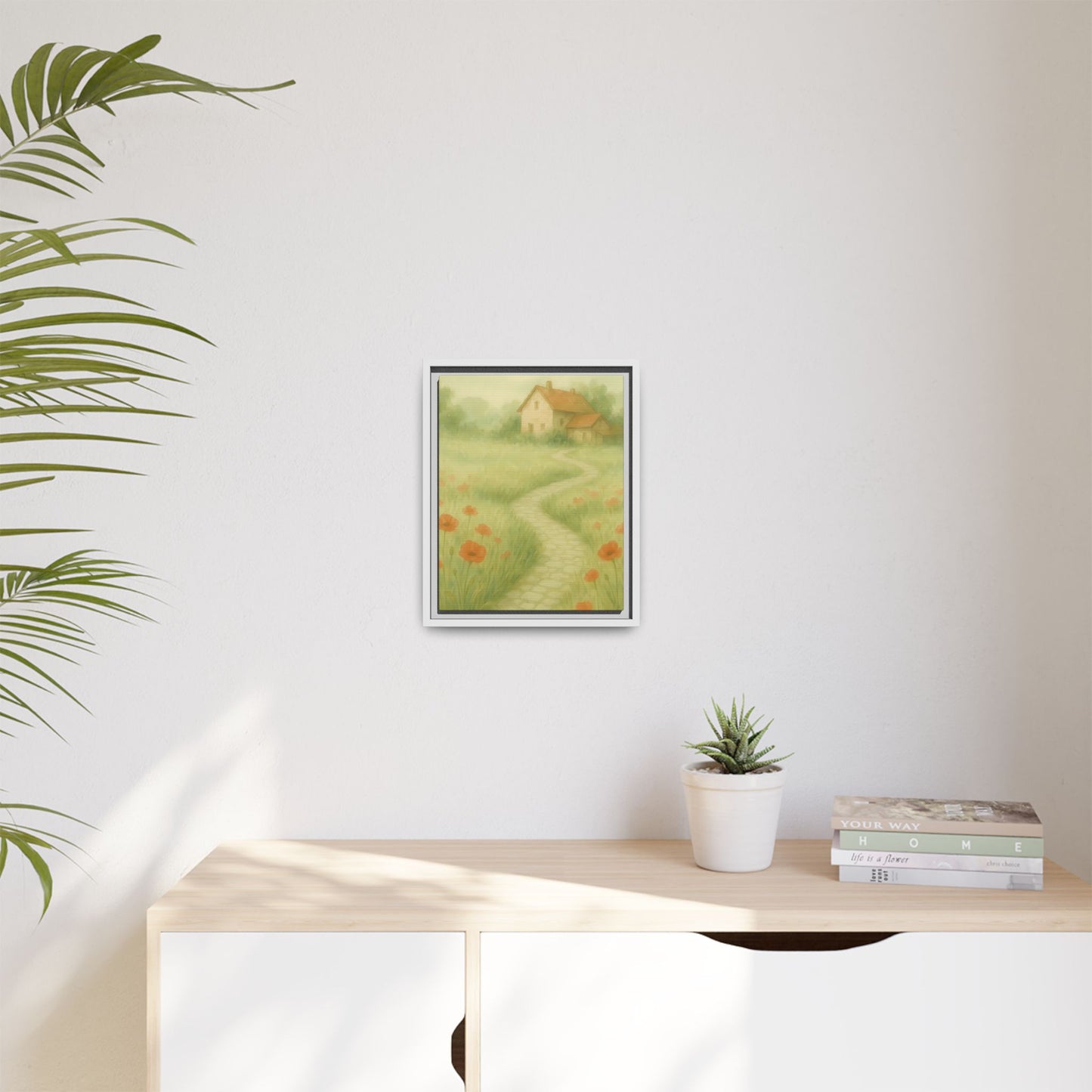 Poppy Path to Home – Framed Matte Canvas of Cottage & Flower Field Landscape