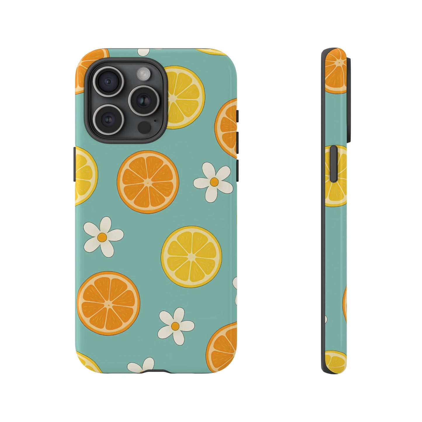 Citrus Bloom Phone Case – Orange, Lemon & Daisy Pattern on Teal