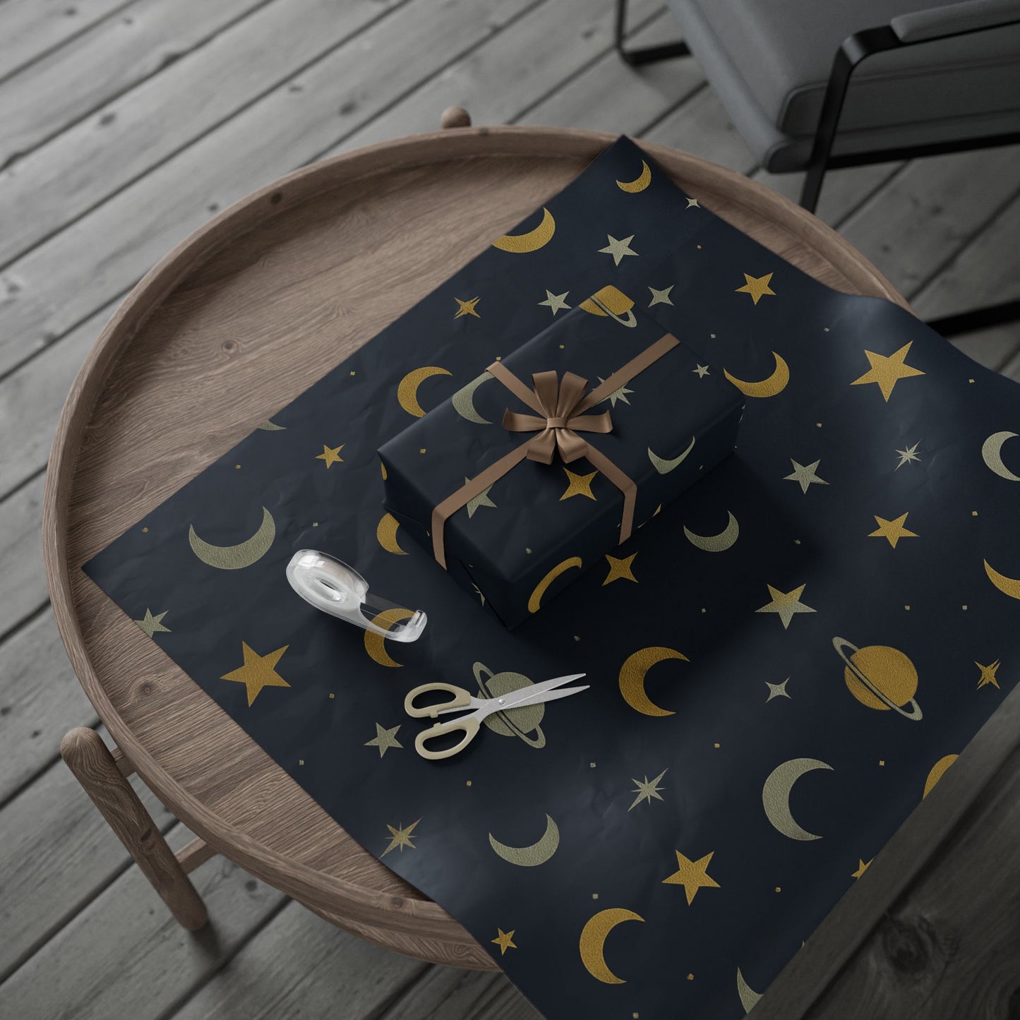 Celestial Night Sky Wrapping Paper – Moons, Stars & Planets on Midnight Blue