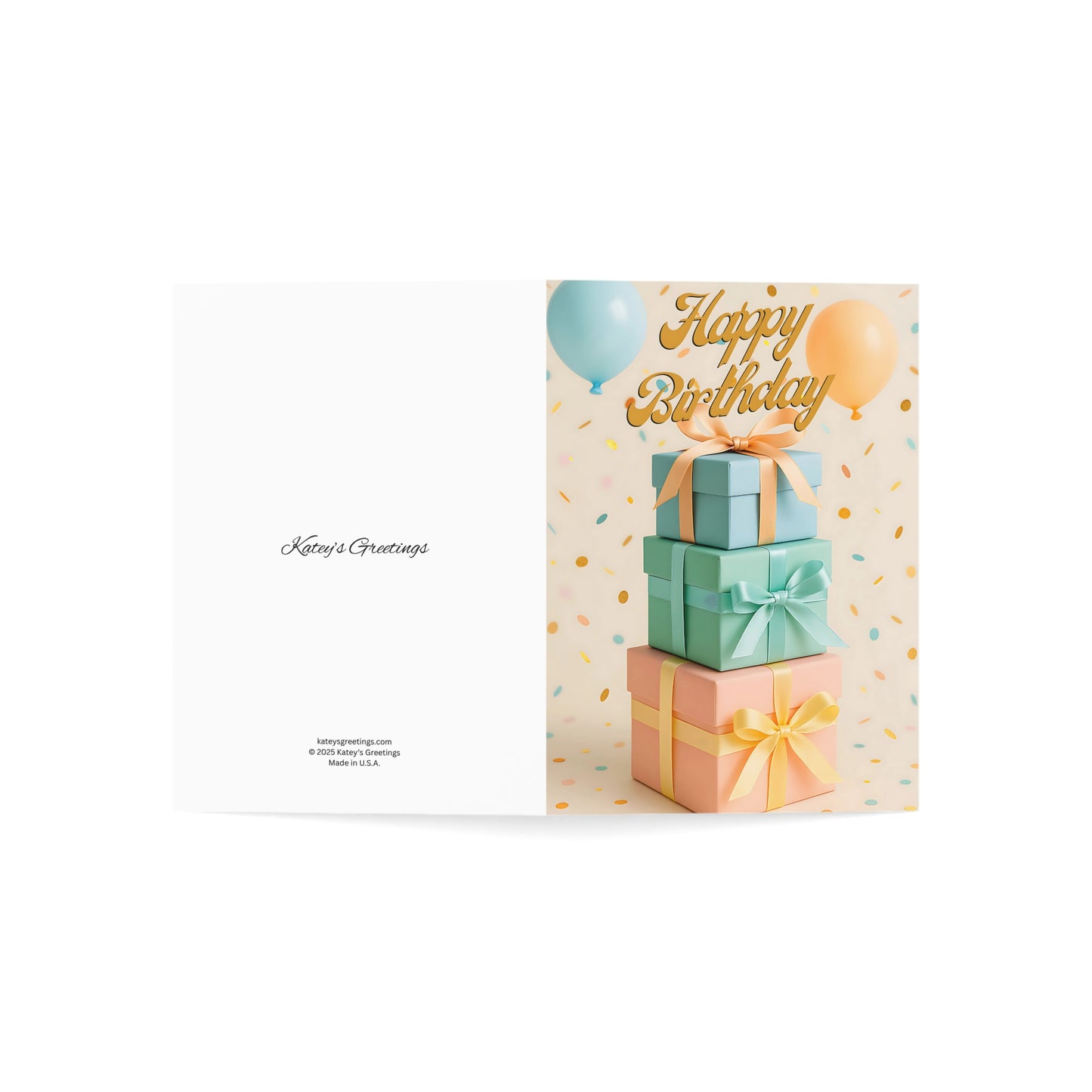 Blank Inside Happy Birthday Card with Pastel Gift Stack, Balloons & Confetti