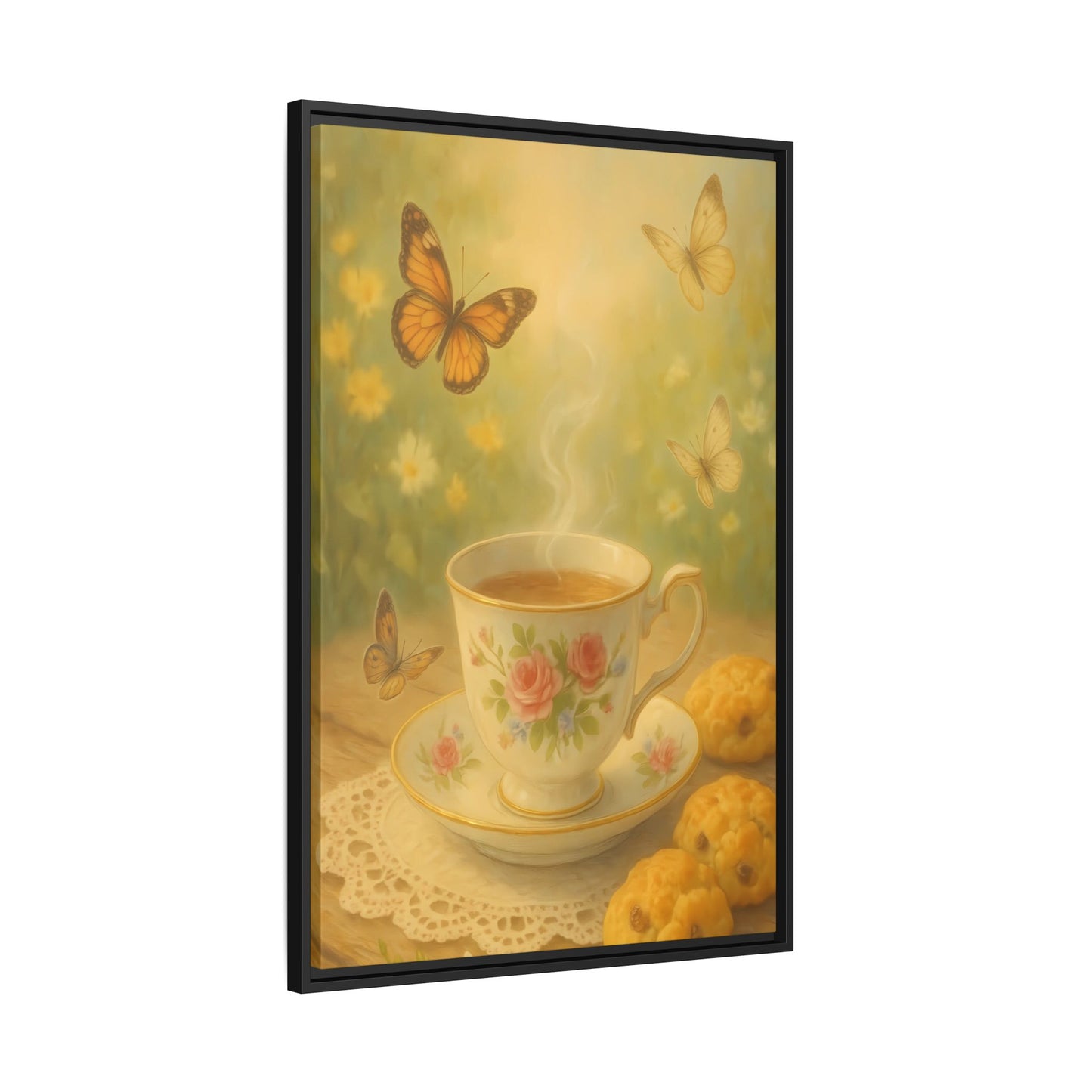 Tea & Butterflies – Framed Matte Canvas of Vintage Teacup and Garden Scene