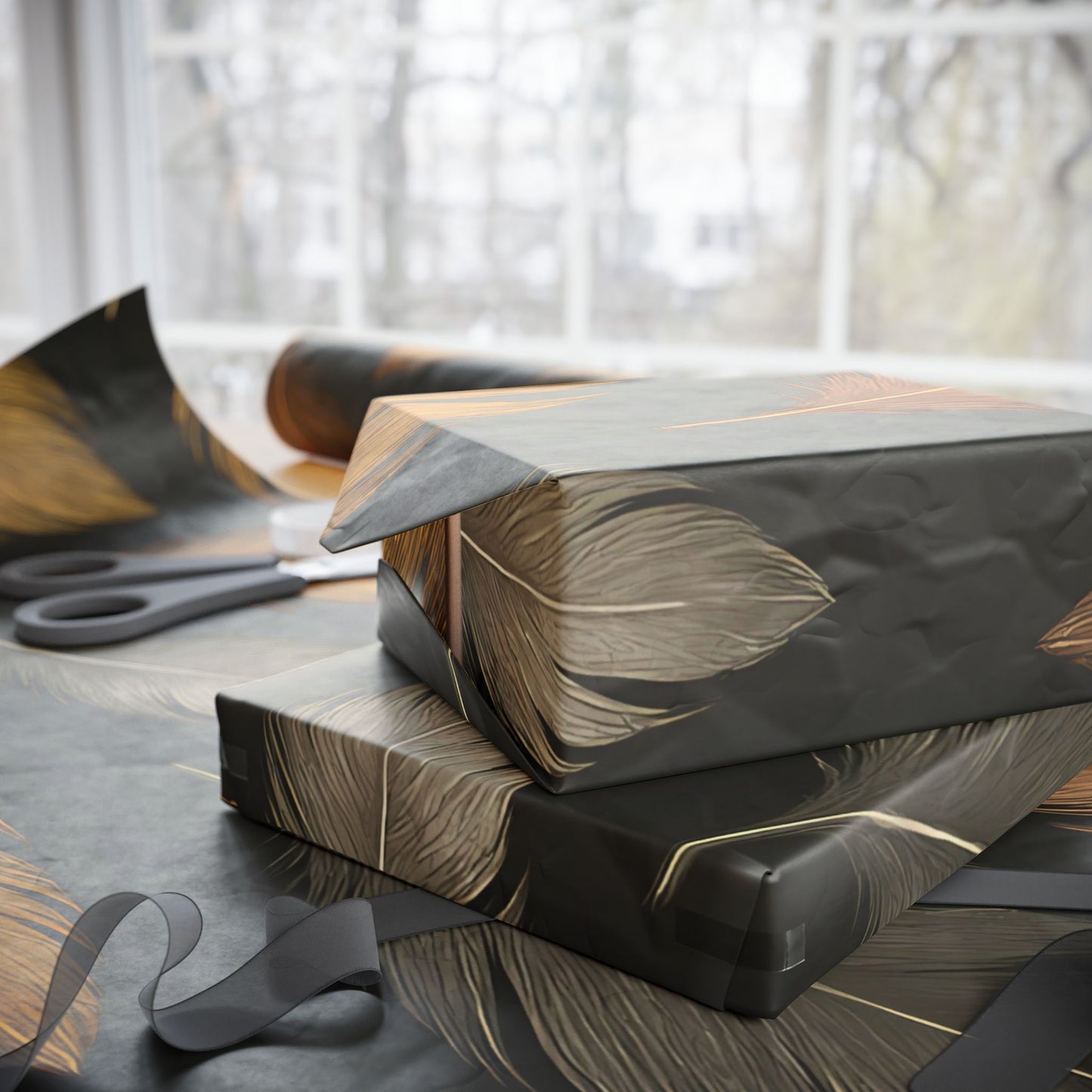 Luxury Feather Print Wrapping Paper – Metallic Gold, Bronze & Silver Design