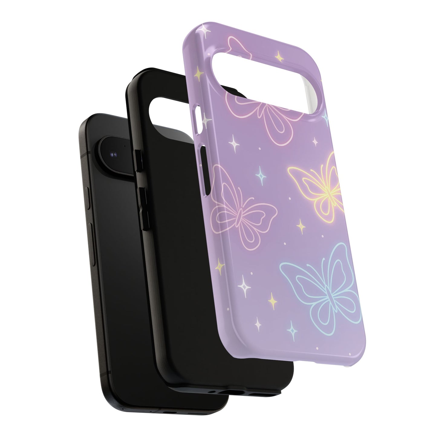 Pastel Butterfly Dream Phone Case – Purple Neon Glow with Stars