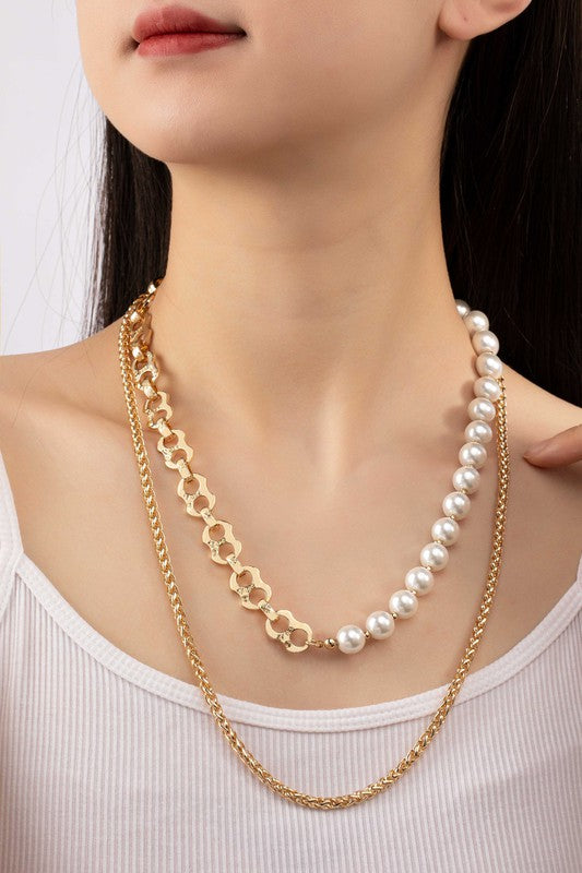 Gold Two Row Asymmetric Pearl and Chain Necklace on Model