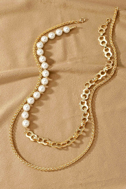 Two Row Asymmetric Pearl and Chain Necklace