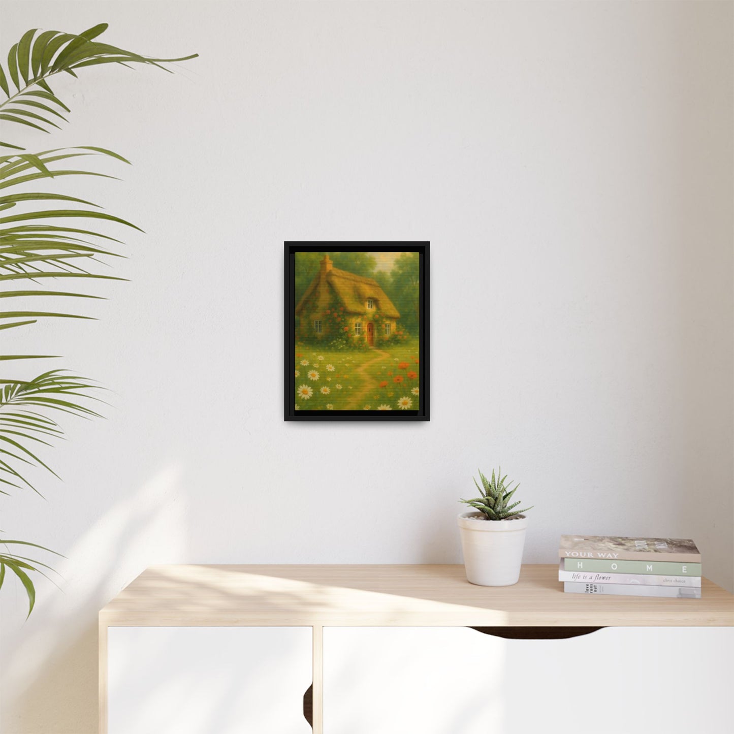 Cottage in Bloom – Framed Matte Canvas Art of Thatched Cottage & Wildflowers