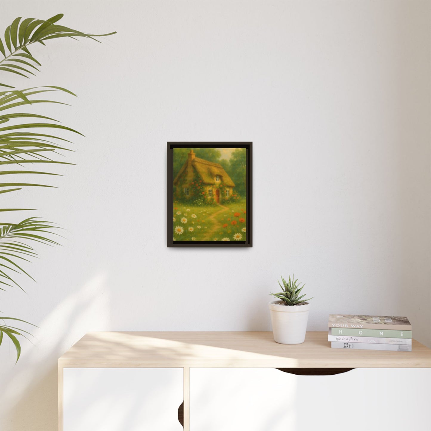 Cottage in Bloom – Framed Matte Canvas Art of Thatched Cottage & Wildflowers