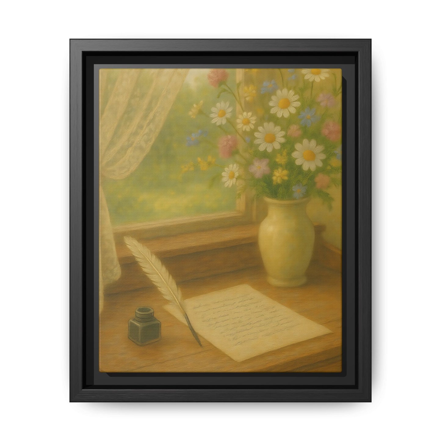 Sunlit Writing Desk – Framed Matte Canvas Art of Quill, Flowers & Lace Window