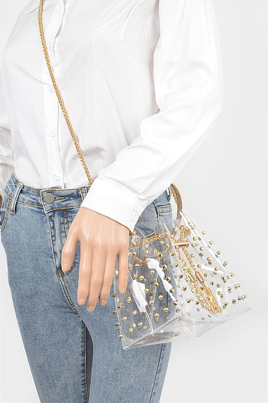 Studded Clear Top Handle PVC Clutch Bag