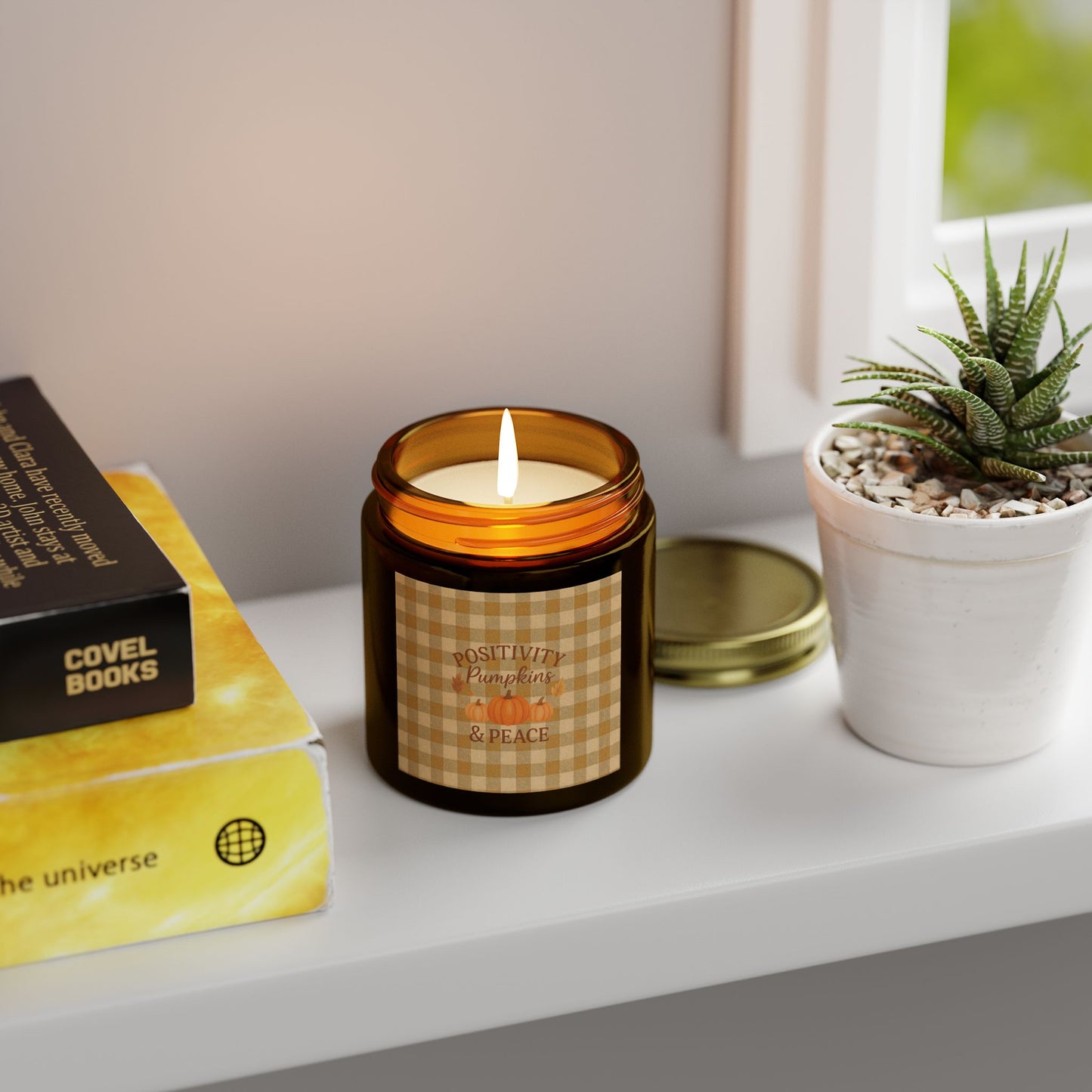 Positivity Pumpkins & Peace Candle - Fall Scented Coconut Apricot Wax Candle in Gingham Jar, Eco-Friendly Autumn Gift, 4oz or 9oz