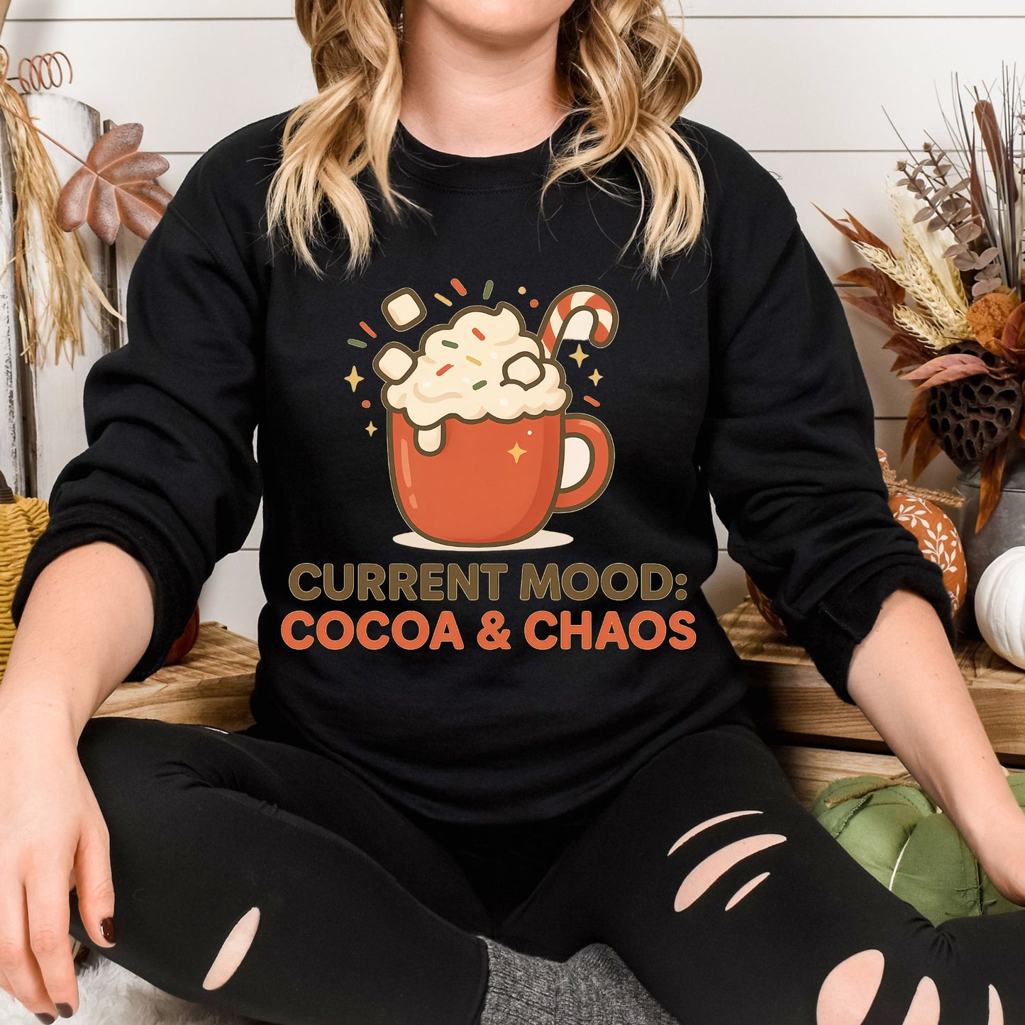 Current Mood: Cocoa & Chaos Holiday Sweatshirt – Cozy Christmas Crew Neck Pullover