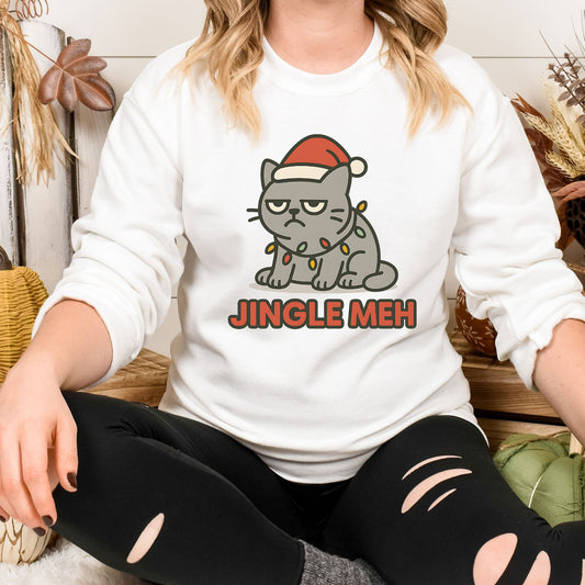 Jingle Meh Grumpy Cat Christmas Sweatshirt – Funny Holiday Crew Neck Pullover
