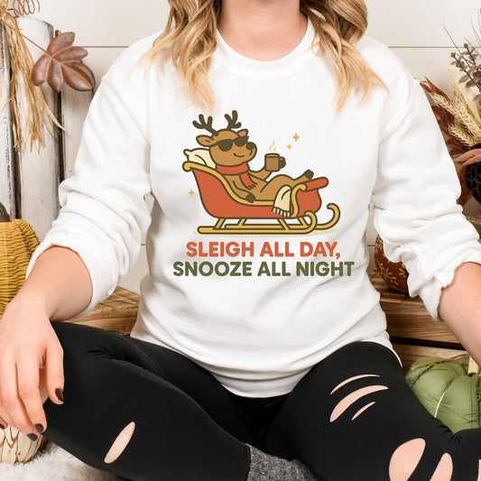 Sleigh All Day Snooze All Night Reindeer Christmas Sweatshirt – Cozy Holiday Crew Neck Pullover