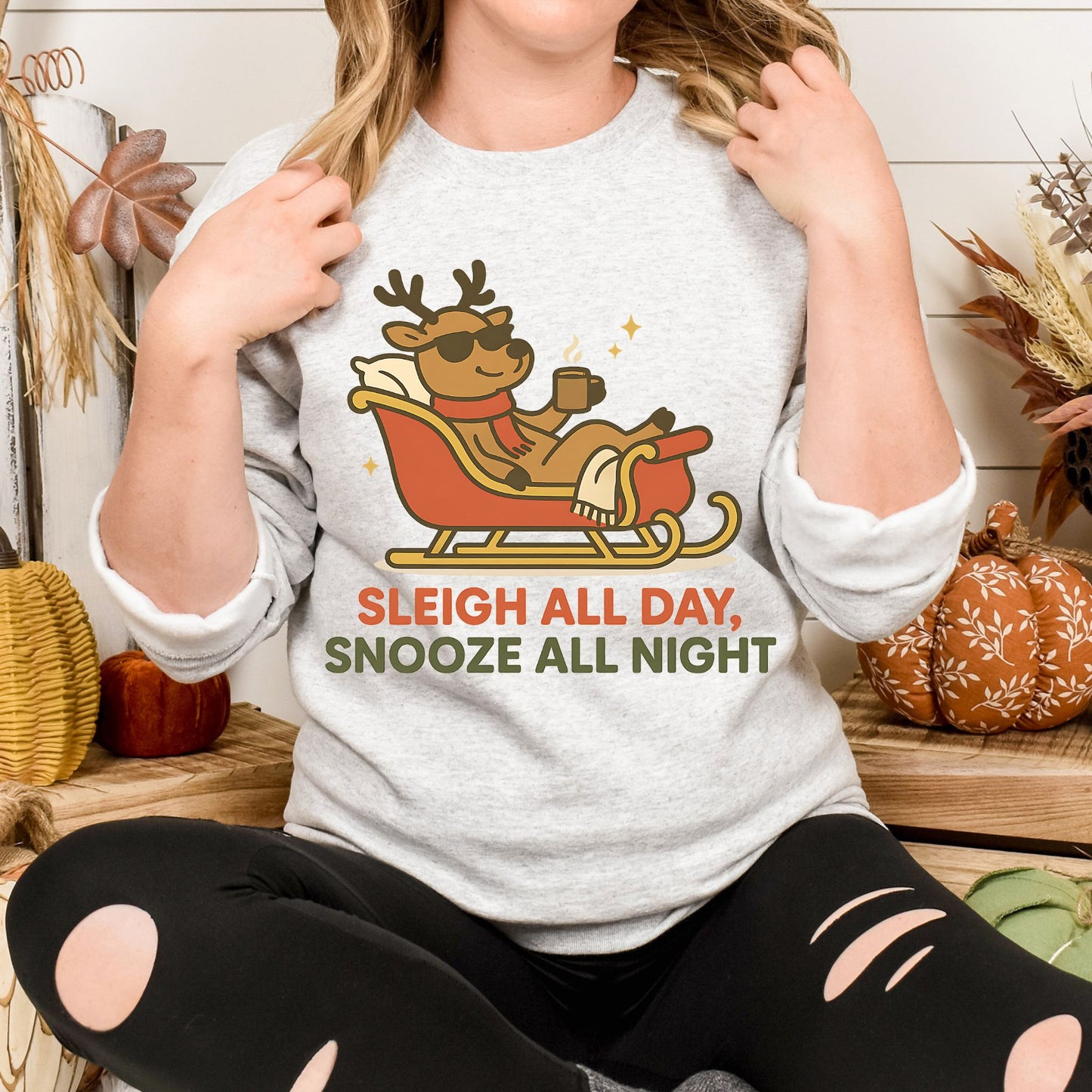 Sleigh All Day Snooze All Night Reindeer Christmas Sweatshirt – Cozy Holiday Crew Neck Pullover