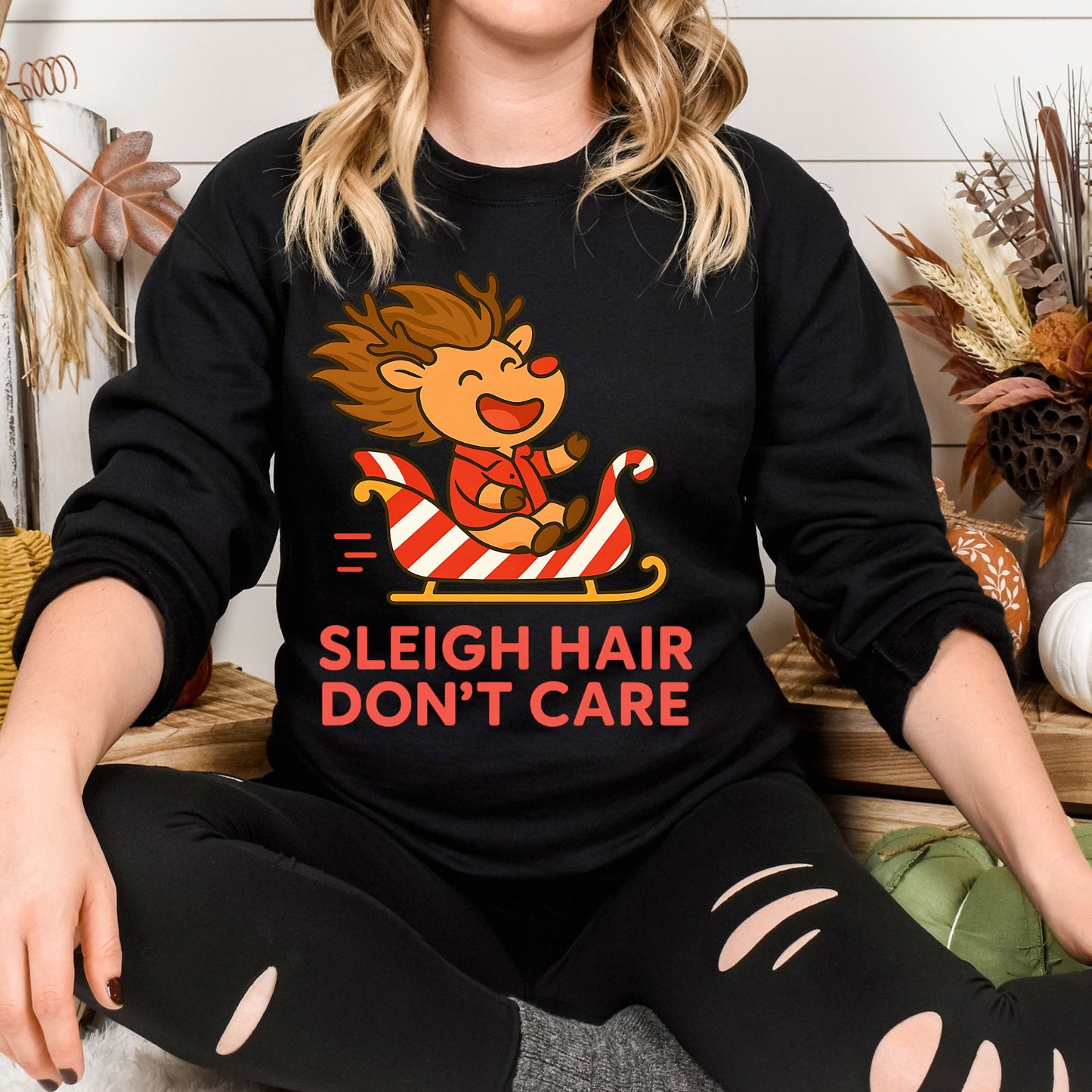 Sleigh Hair Don’t Care Reindeer Christmas Sweatshirt – Cozy Holiday Crew Neck