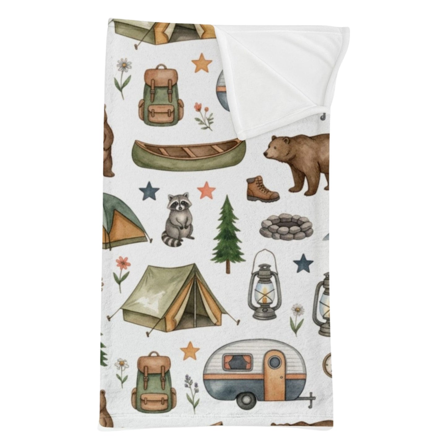A white minky sleeping bag with a corner folded down featuring a watercolor-style camping pattern with a bear, canoe, tents, lanterns, stars, and a camper trailer, shown folded to reveal the soft white sherpa lining.