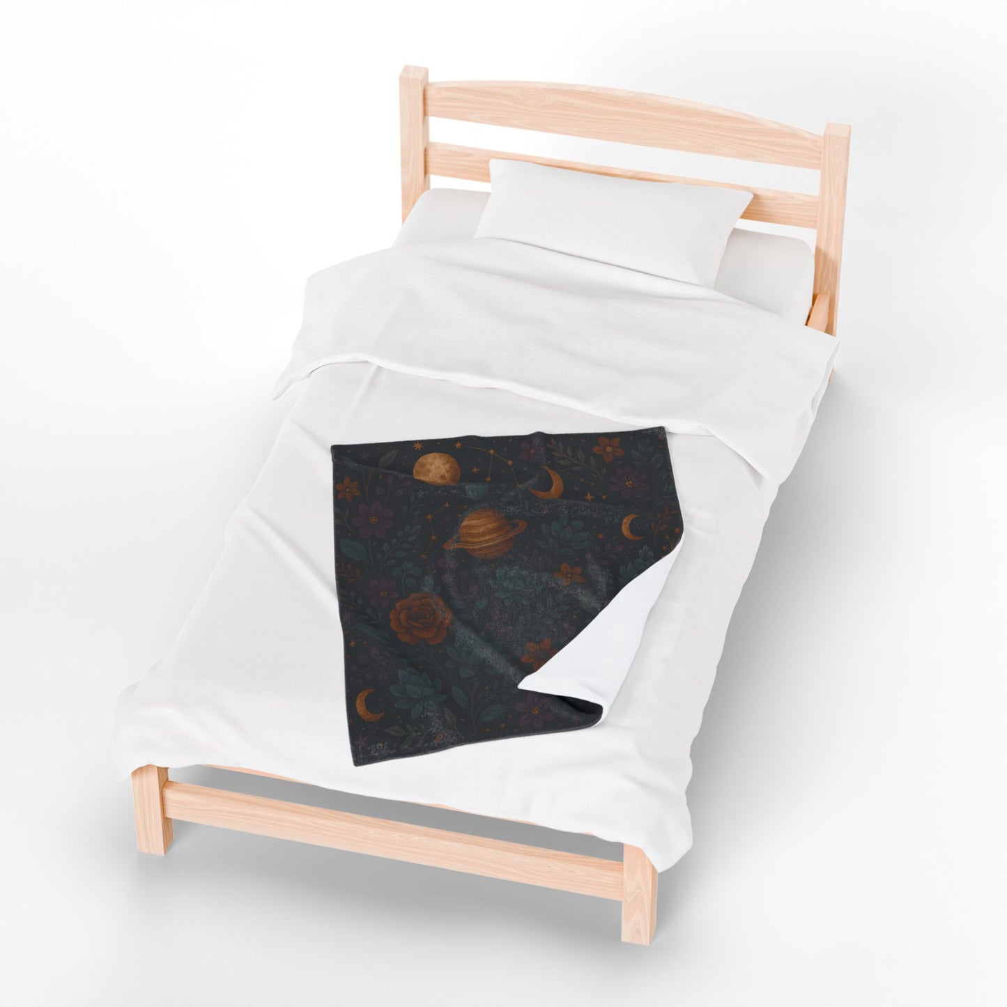 Celestial Garden Velveteen Plush Blanket – Planets, Flowers & Stars Design