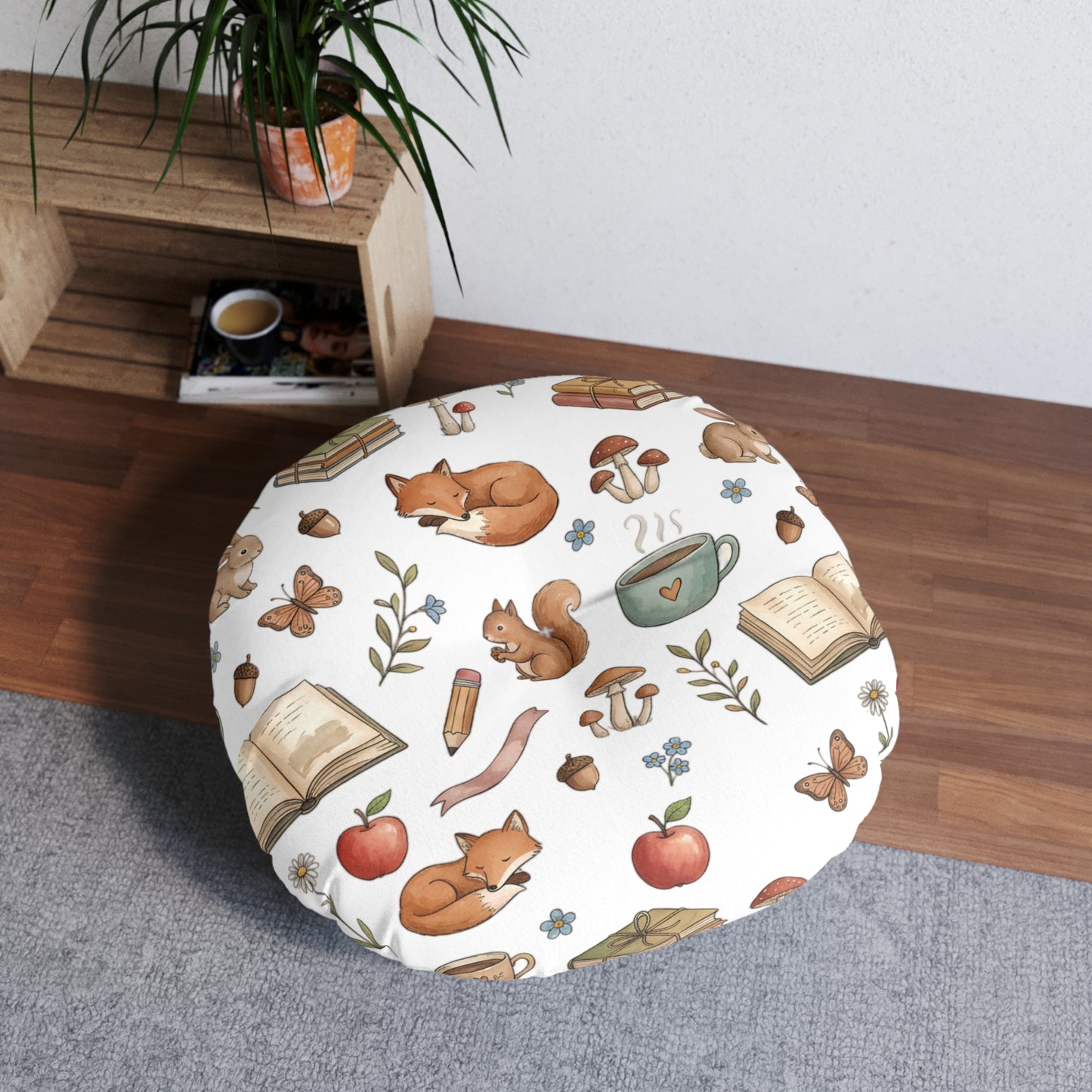 Round Tufted Floor Pillow — Cozy Woodland Reading Pattern