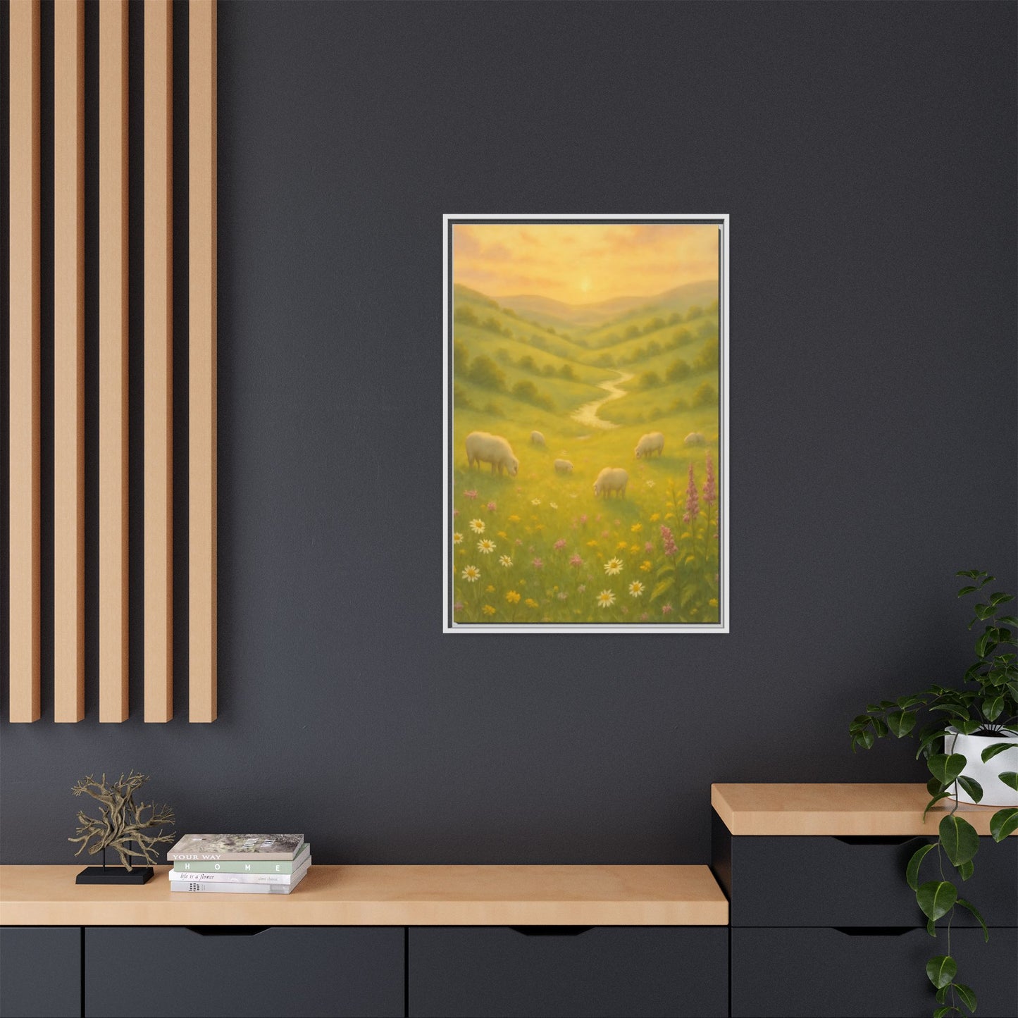 Golden Meadow Sunrise – Framed Matte Canvas Pastoral Landscape Art