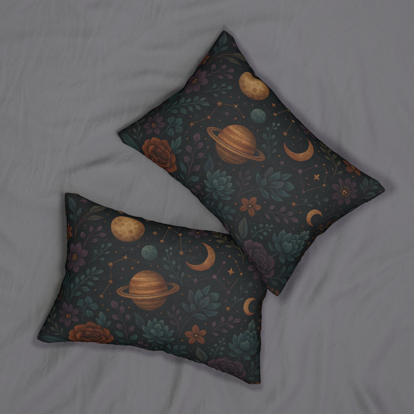 Celestial Garden Lumbar Pillow – Moon & Planets Floral Design