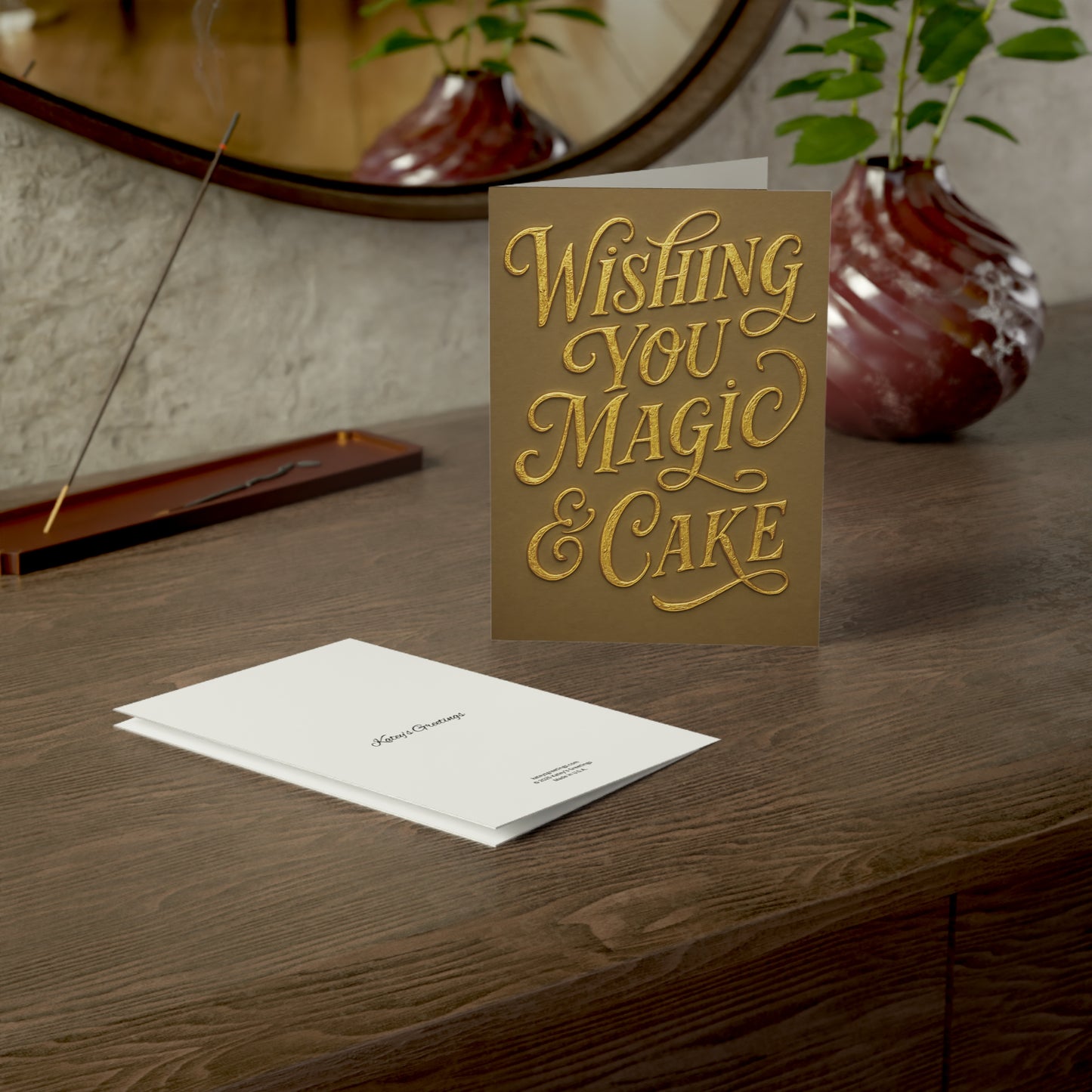 Wishing You Magic & Cake Greeting Card – Gold Foil Style Birthday Card with Envelope