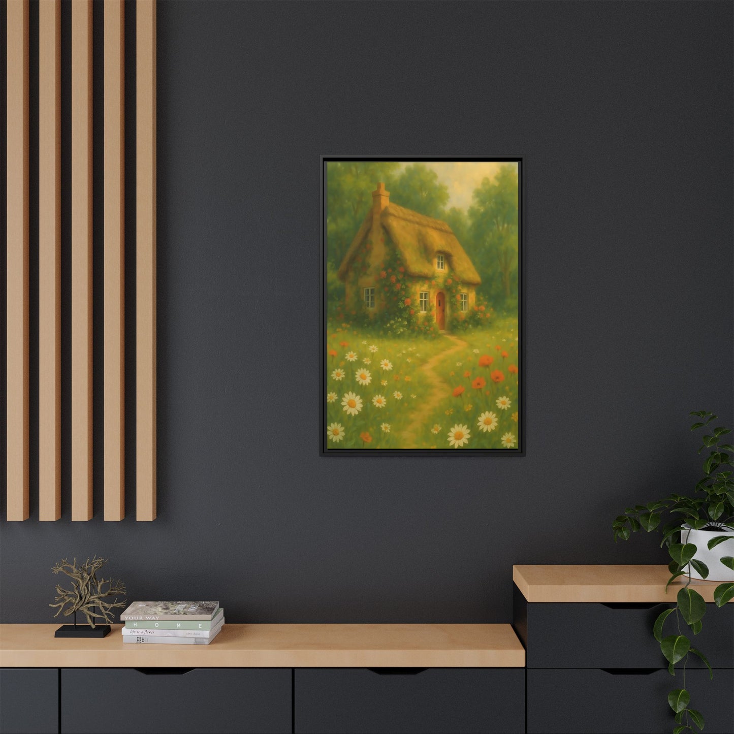 Cottage in Bloom – Framed Matte Canvas Art of Thatched Cottage & Wildflowers