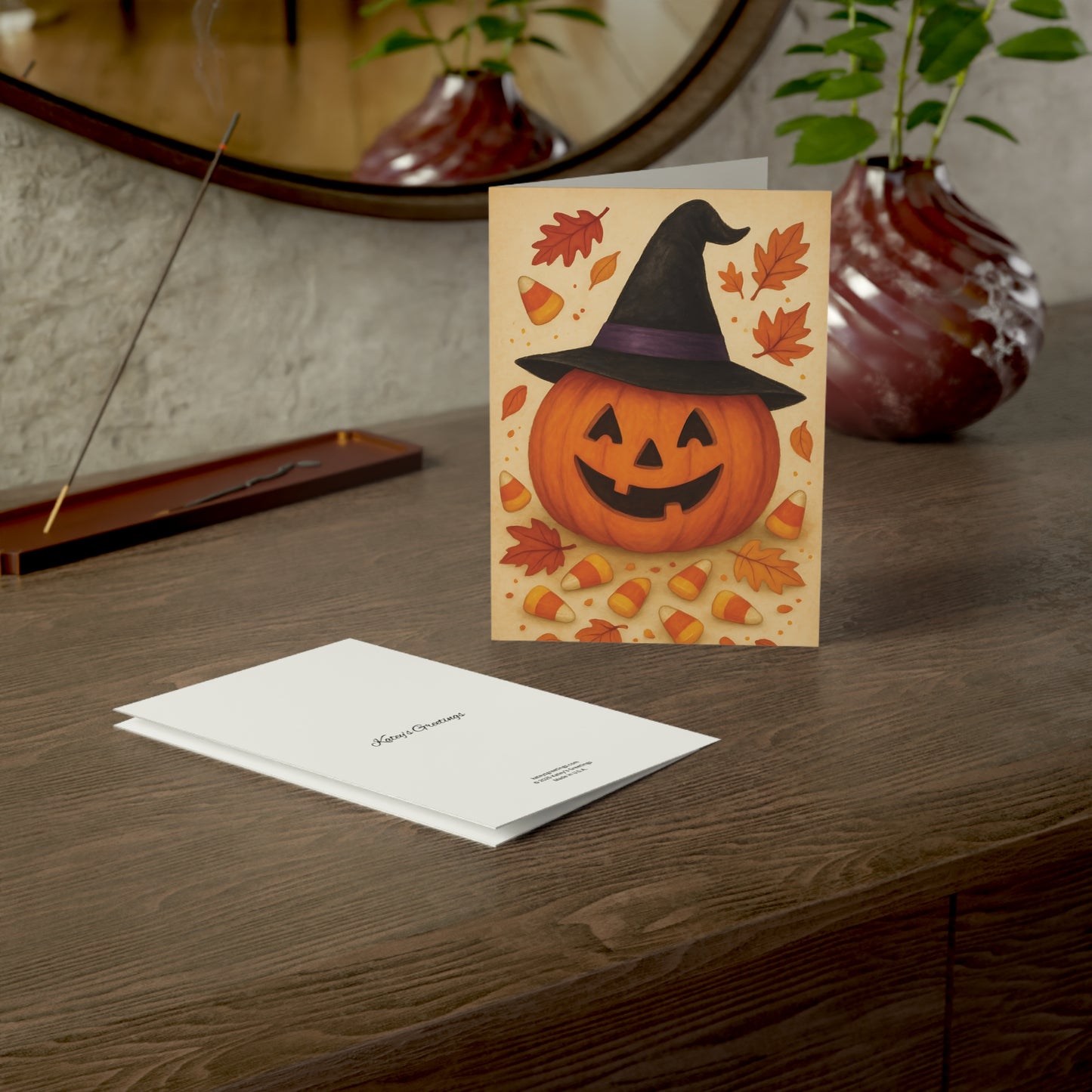Halloween Card – Smiling Jack-O’-Lantern with Witch Hat & Candy Corn – Premium 270gsm Card + Envelope