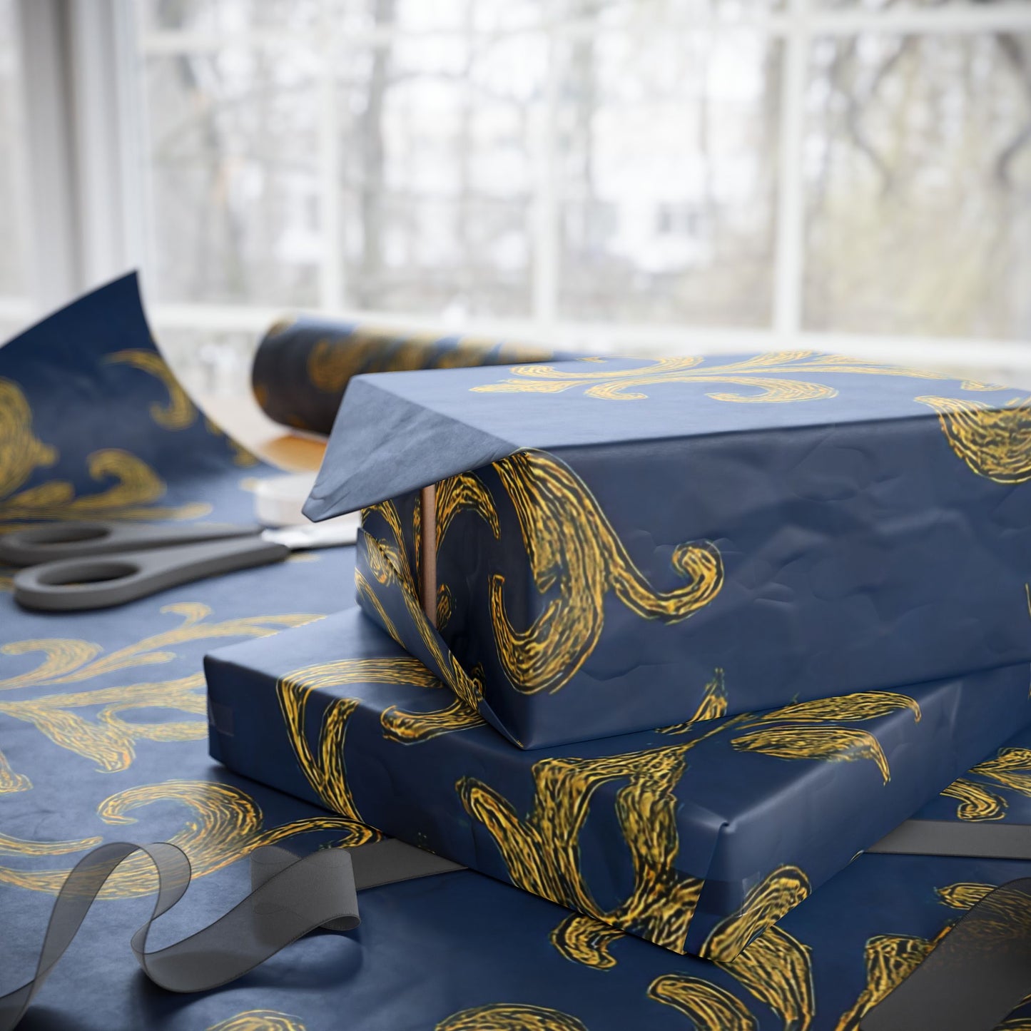 Royal Blue & Gold Damask Wrapping Paper – Elegant Luxury Gift Wrap in Glossy or Matte Finish
