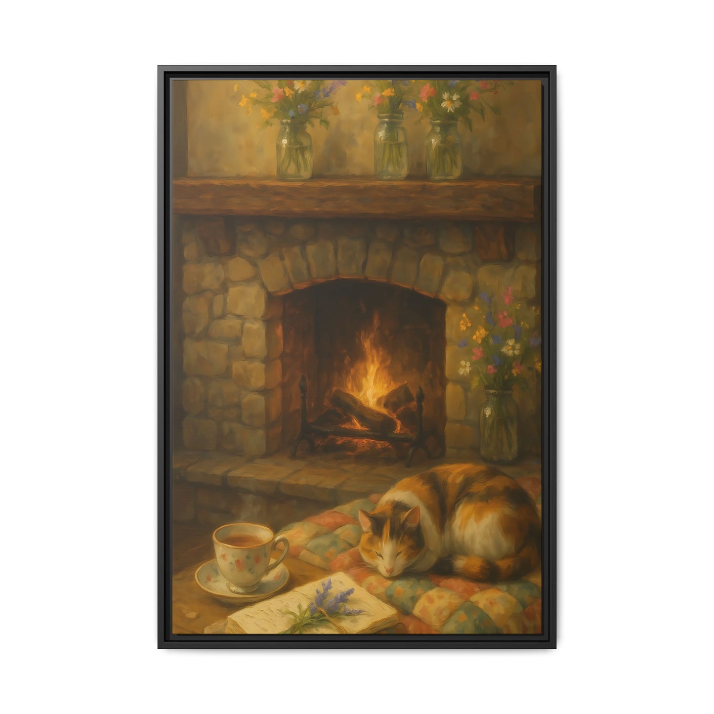 Hearthside Comfort – Framed Matte Canvas with Cat, Fireplace & Tea