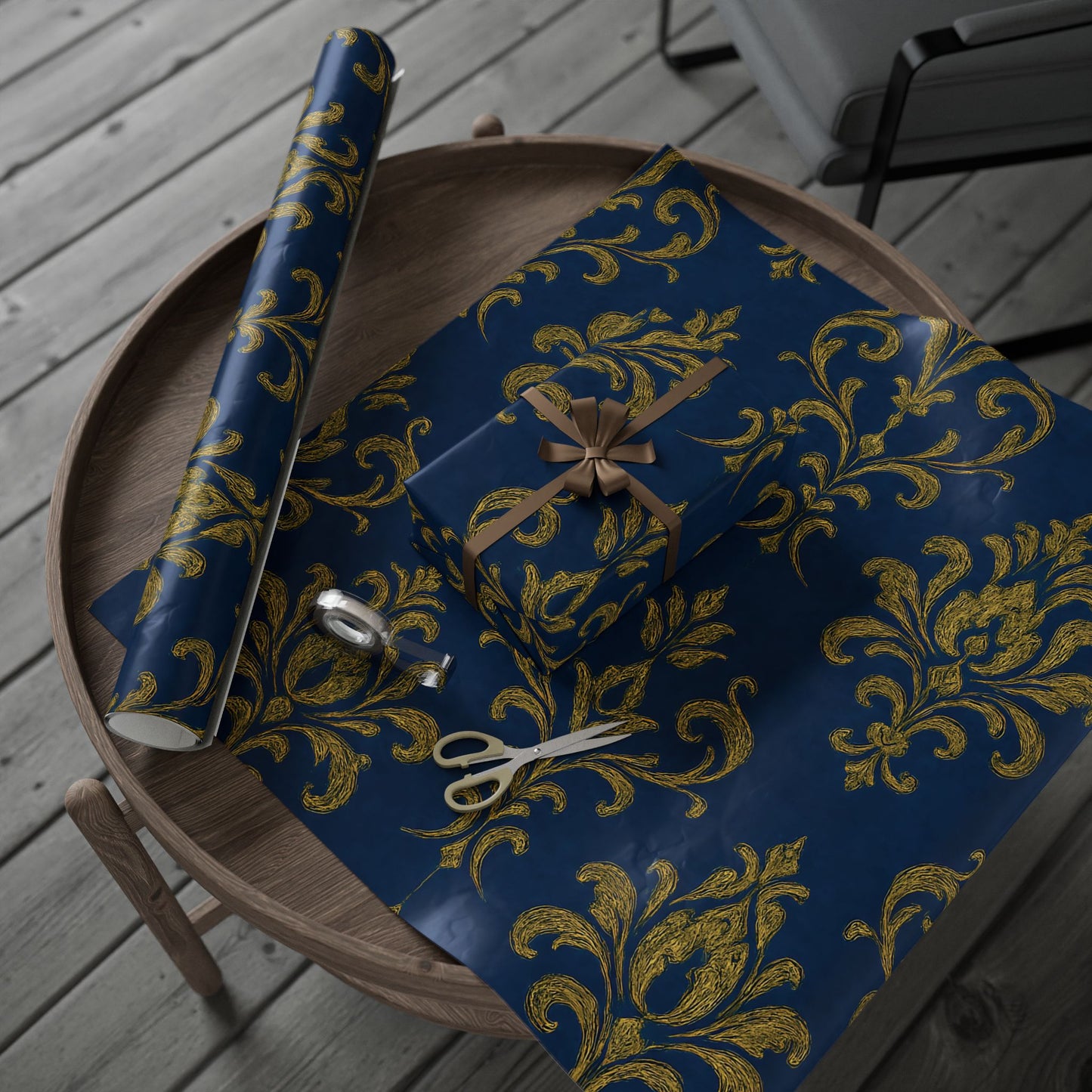 Royal Blue & Gold Damask Wrapping Paper – Elegant Luxury Gift Wrap in Glossy or Matte Finish