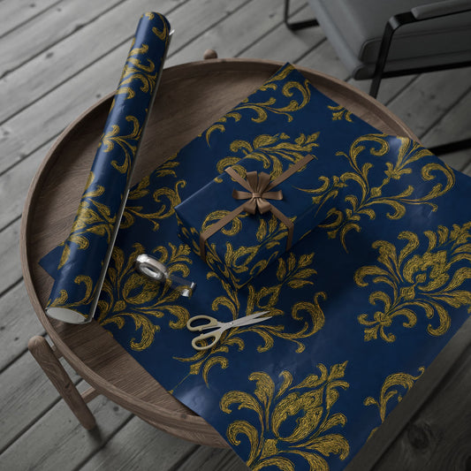 Royal Blue & Gold Damask Wrapping Paper – Elegant Luxury Gift Wrap in Glossy or Matte Finish