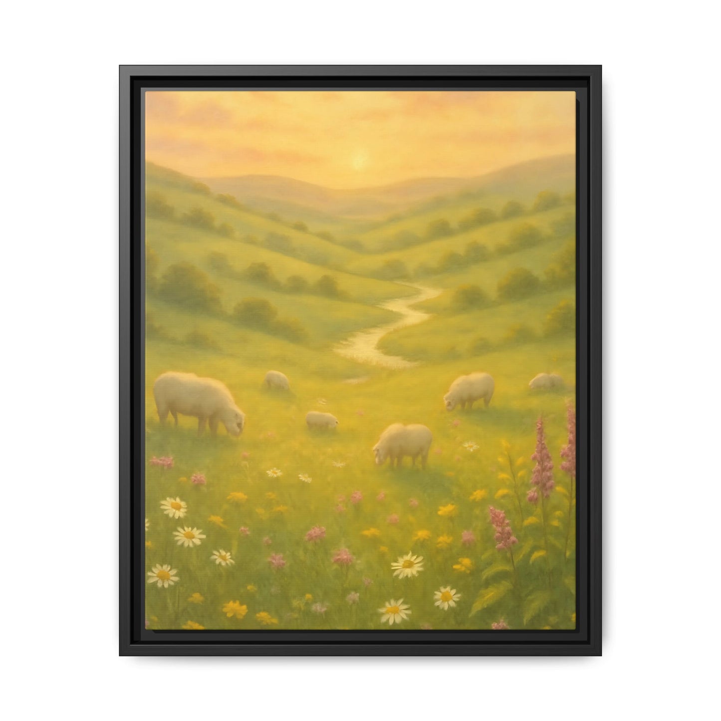 Golden Meadow Sunrise – Framed Matte Canvas Pastoral Landscape Art