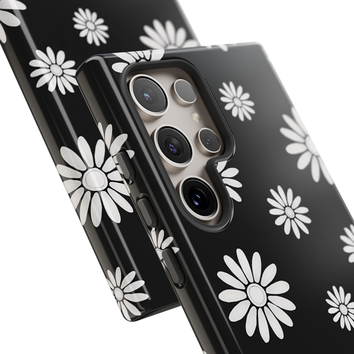 Retro Black & White Daisy Phone Case – Bold Floral Pattern with 3D Wrap Design