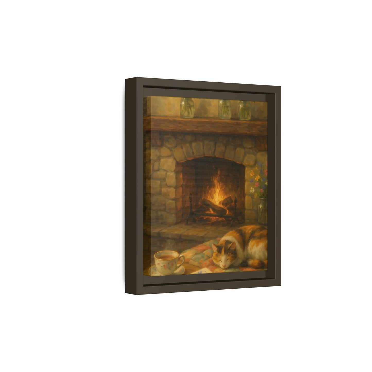 Hearthside Comfort – Framed Matte Canvas with Cat, Fireplace & Tea