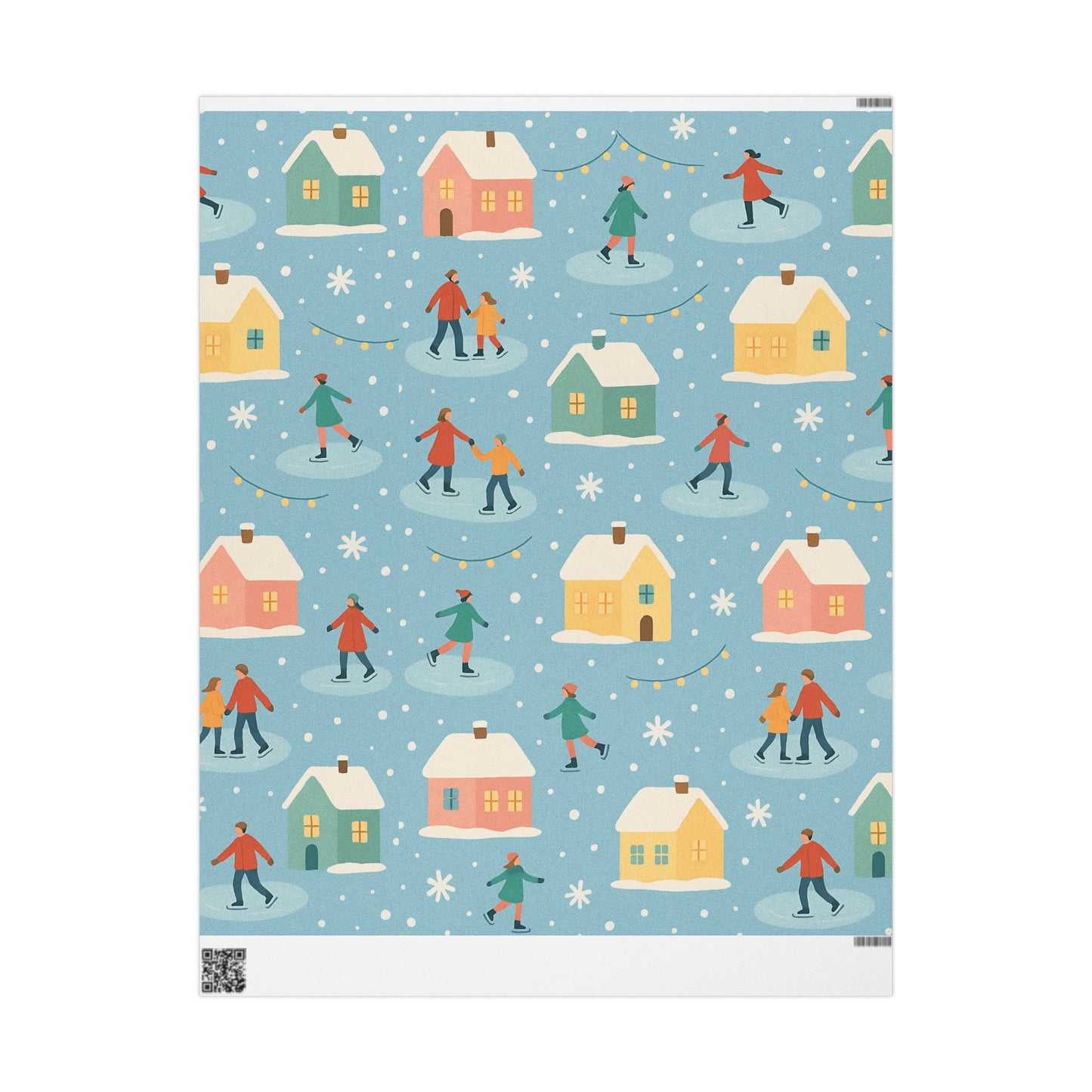 Pastel Winter Village Wrapping Paper with Ice Skaters – Holiday Gift Wrap in Matte or Glossy