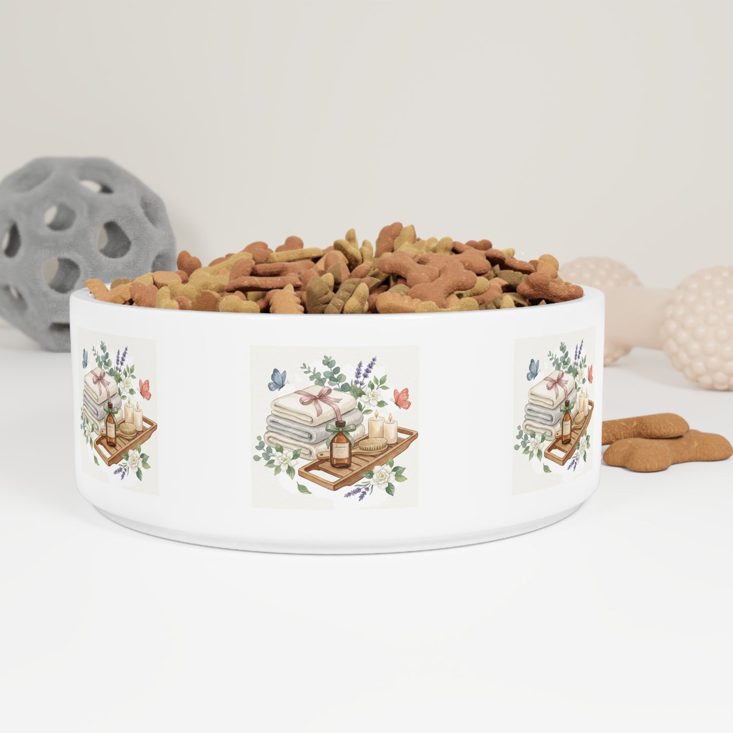 Spa Day Ceramic Pet Bowl – Botanical Dog Bowl – Watercolor Pet Feeding Bowl – Cozy Pet Dish for Dogs