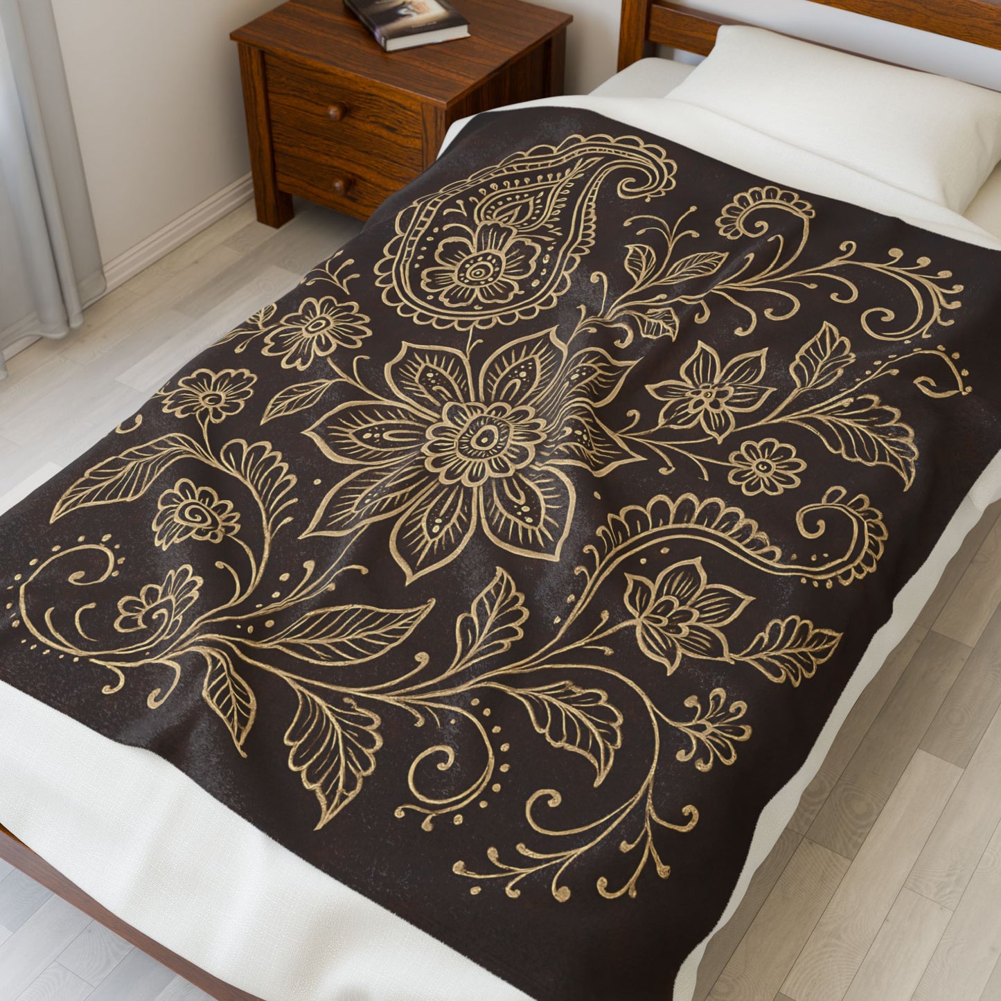 Elegant Boho Floral Paisley Velveteen Plush Blanket – Dark Brown & Cream