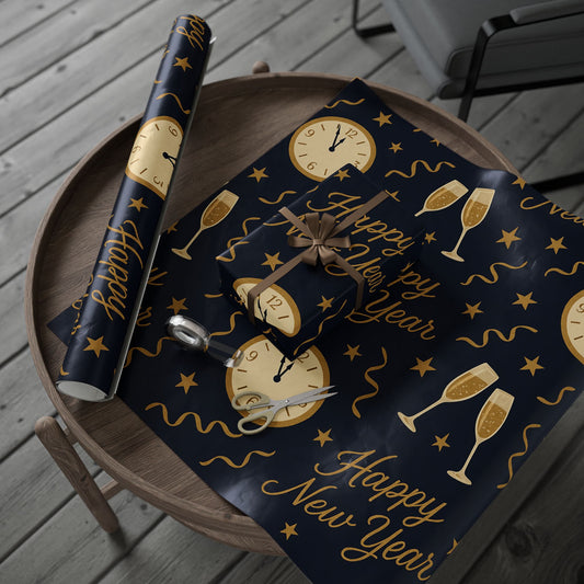 Midnight Celebration New Year Wrapping Paper – Clocks, Champagne & Confetti on Navy