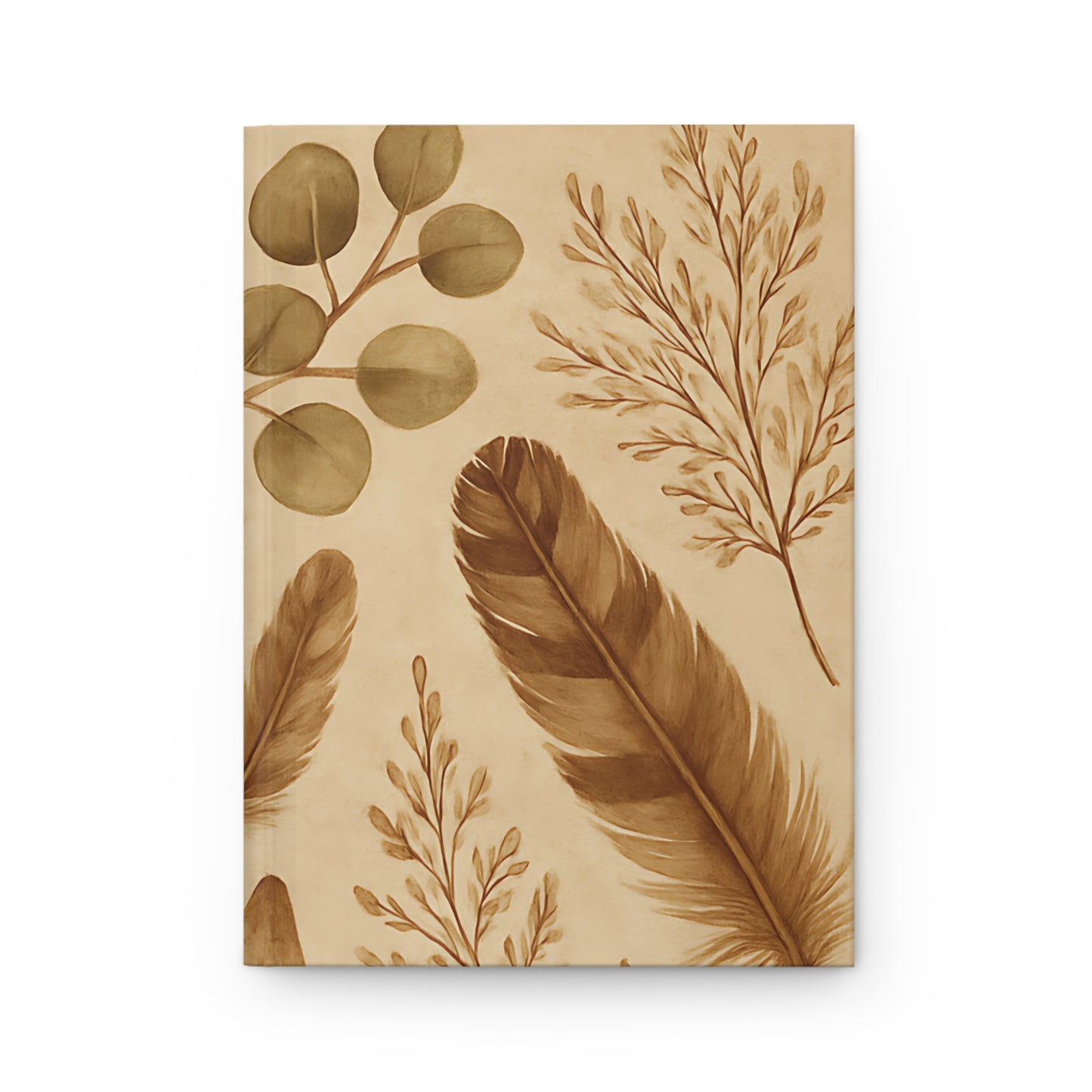 Earthy Feather & Leaf Botanical Hardcover Journal – Rustic Nature-Inspired Lined Notebook