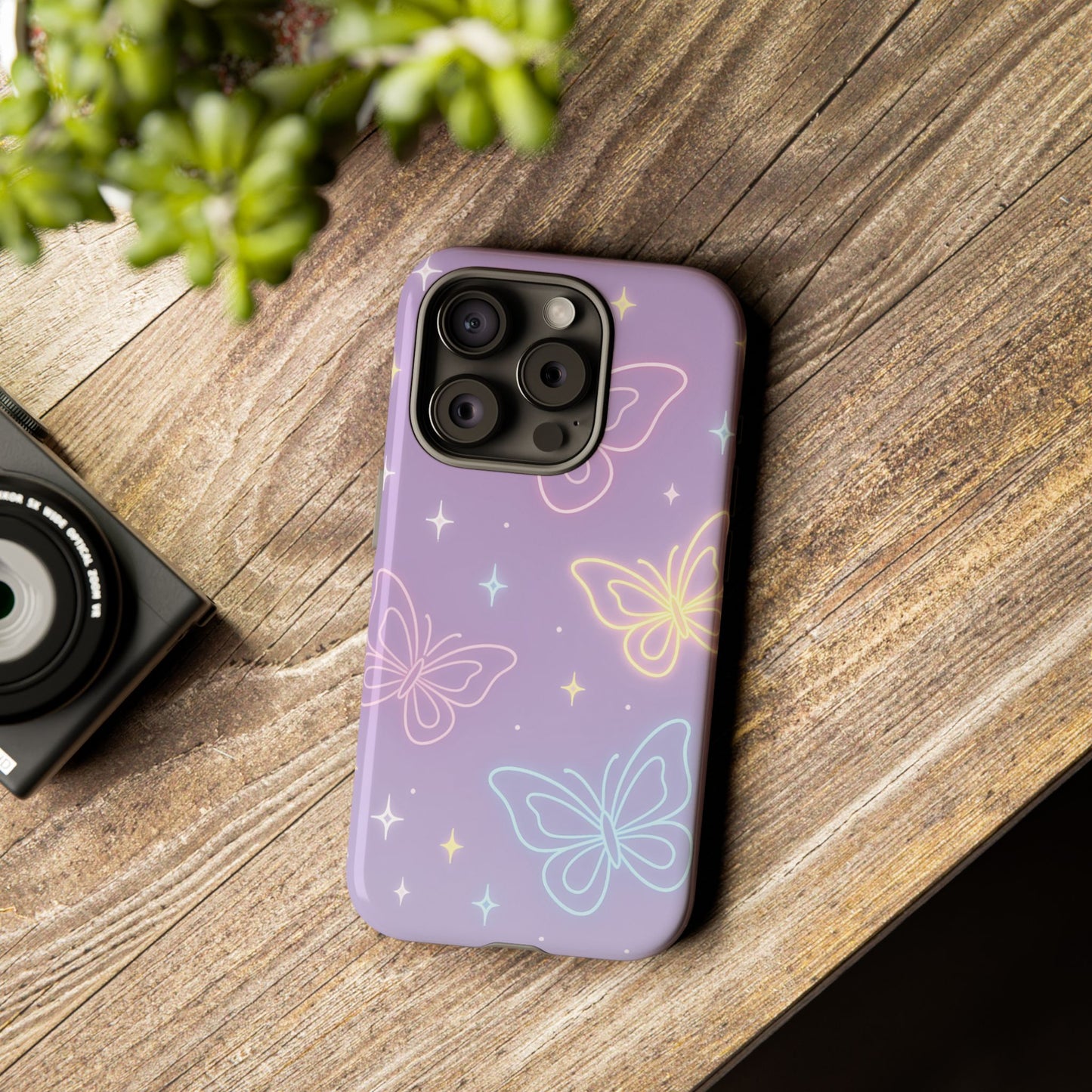 Pastel Butterfly Dream Phone Case – Purple Neon Glow with Stars
