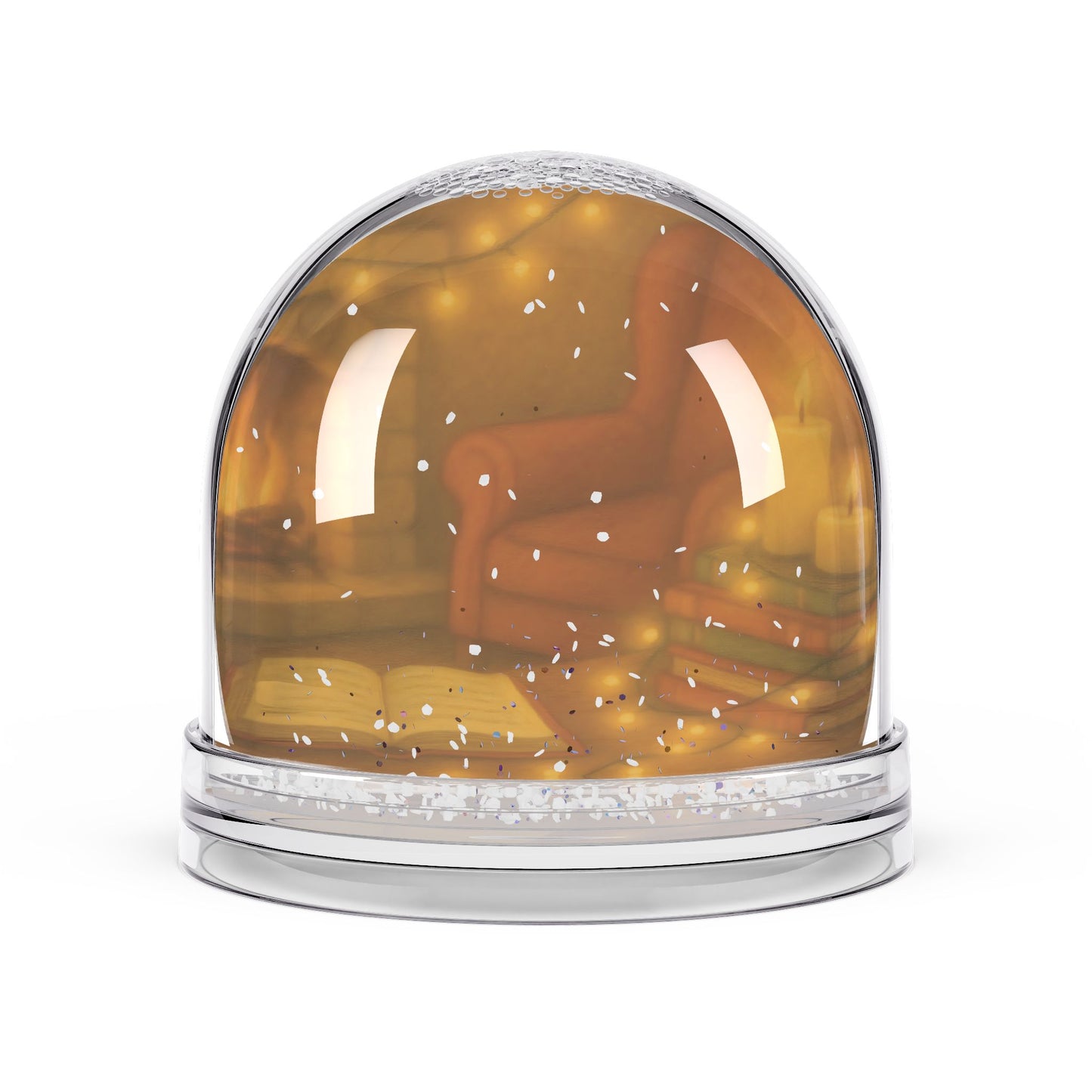 Cozy Reading Nook Snow Globe – Warm Holiday Glow with Books and Armchair