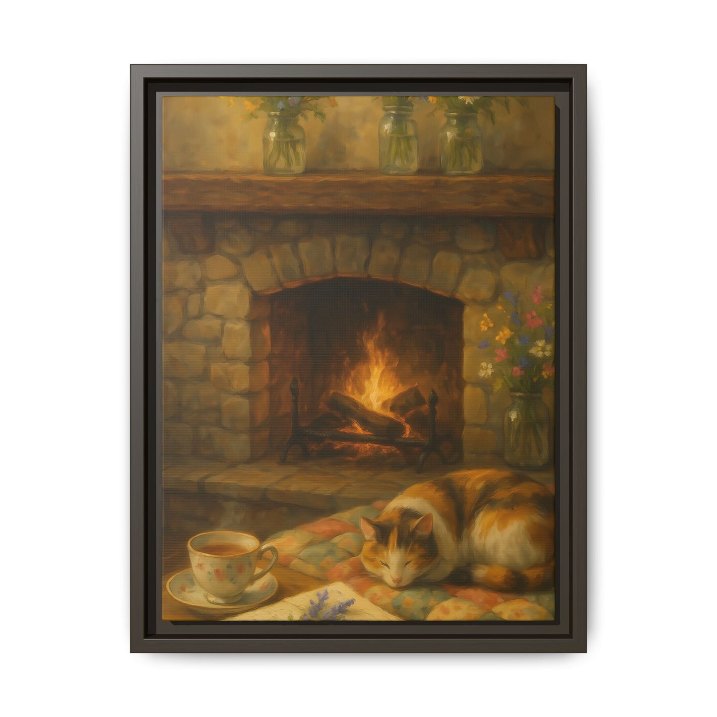 Hearthside Comfort – Framed Matte Canvas with Cat, Fireplace & Tea