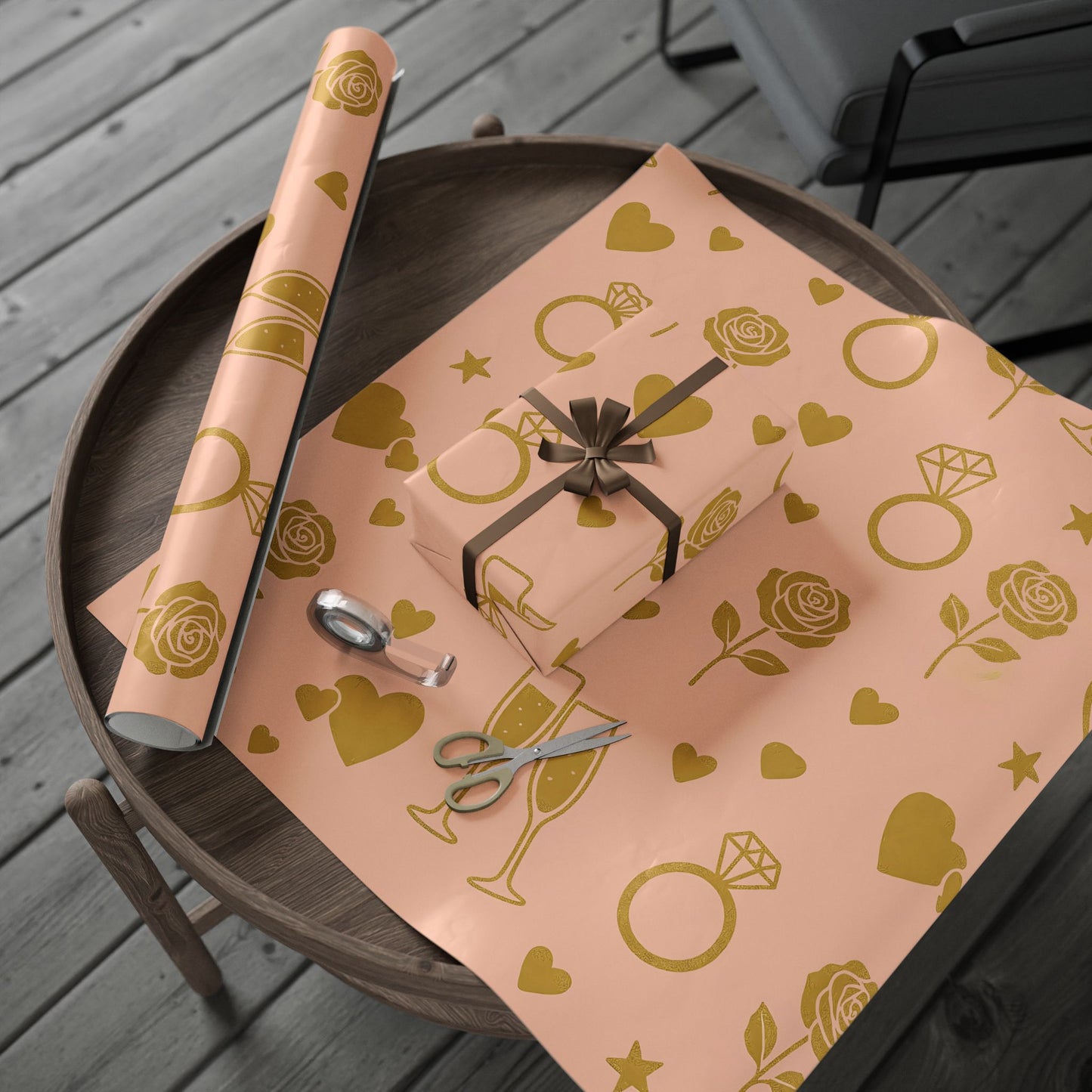 Romantic Celebration Wrapping Paper – Rings, Roses & Champagne on Blush Pink
