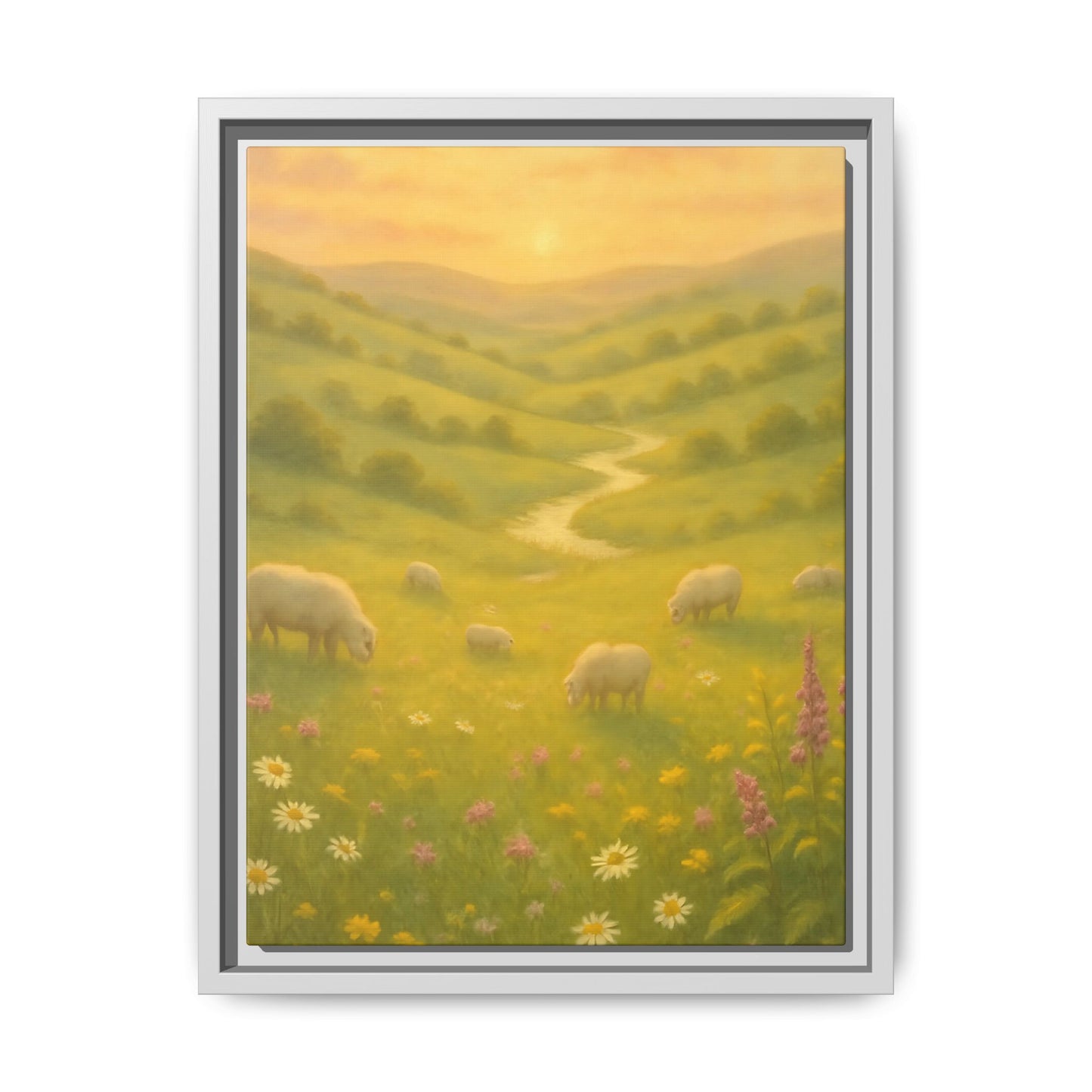 Golden Meadow Sunrise – Framed Matte Canvas Pastoral Landscape Art