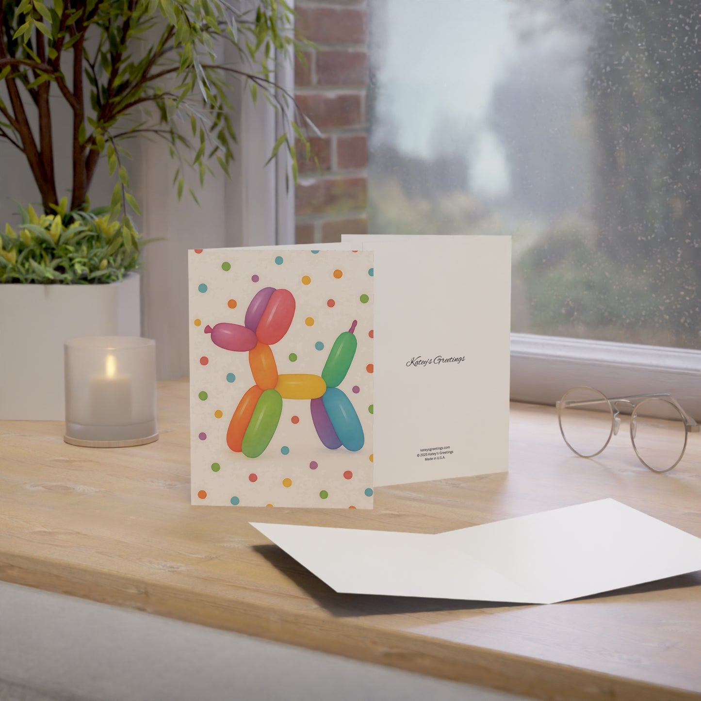 Rainbow Balloon Dog Birthday Card – Fun Polka Dot Greeting with Envelope